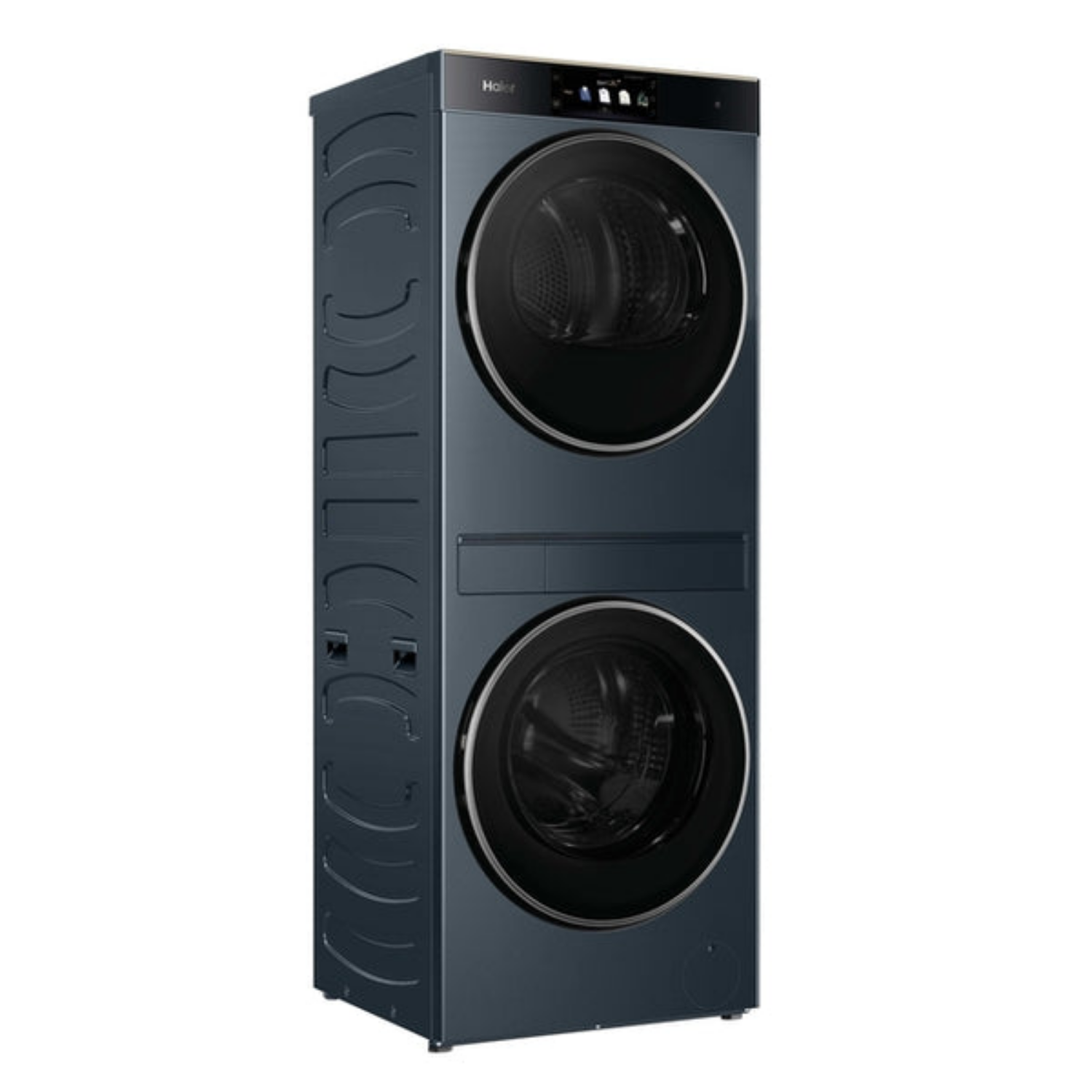 Una lavasecadora Haier azul oscuro apilable con pantalla digital y dos puertas redondas.