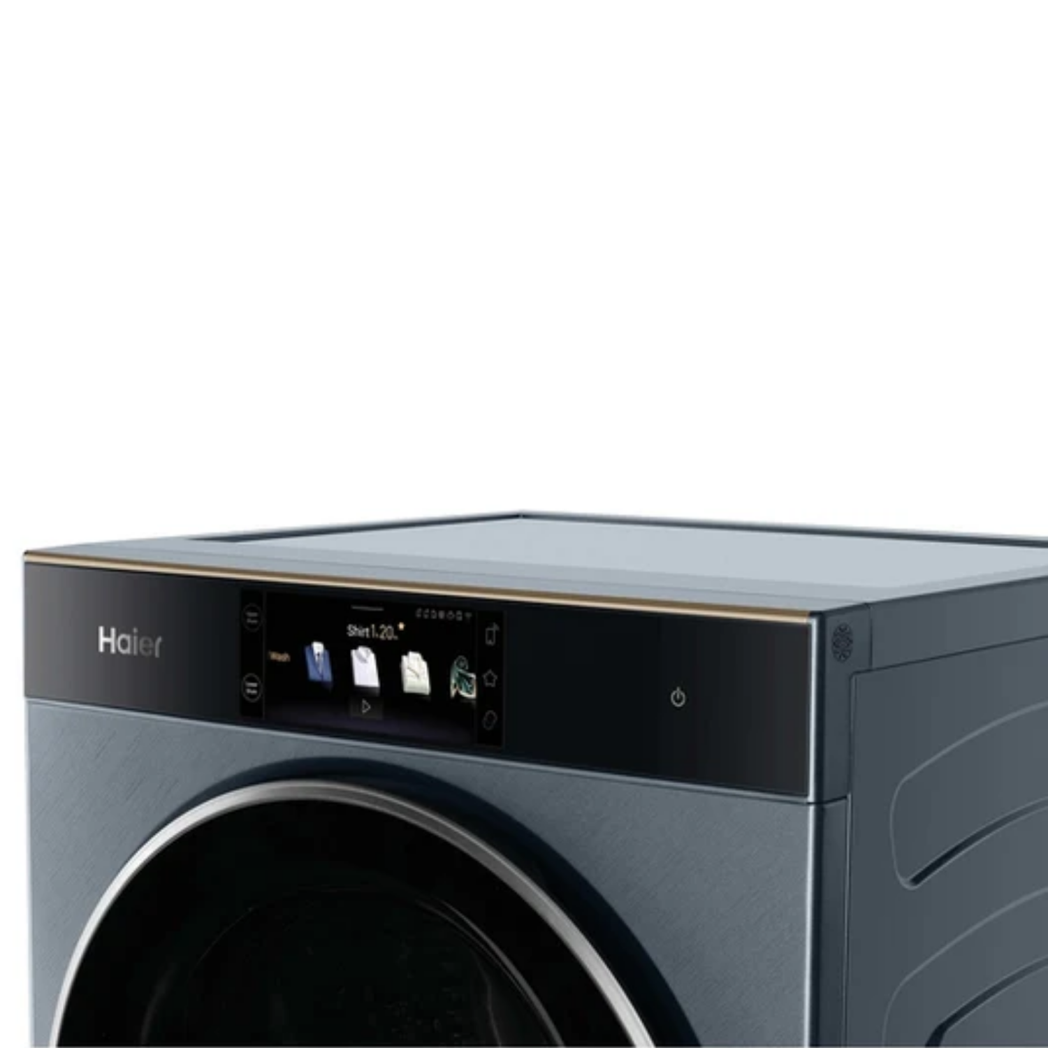 Primer plano de una lavadora Haier gris con pantalla táctil.
