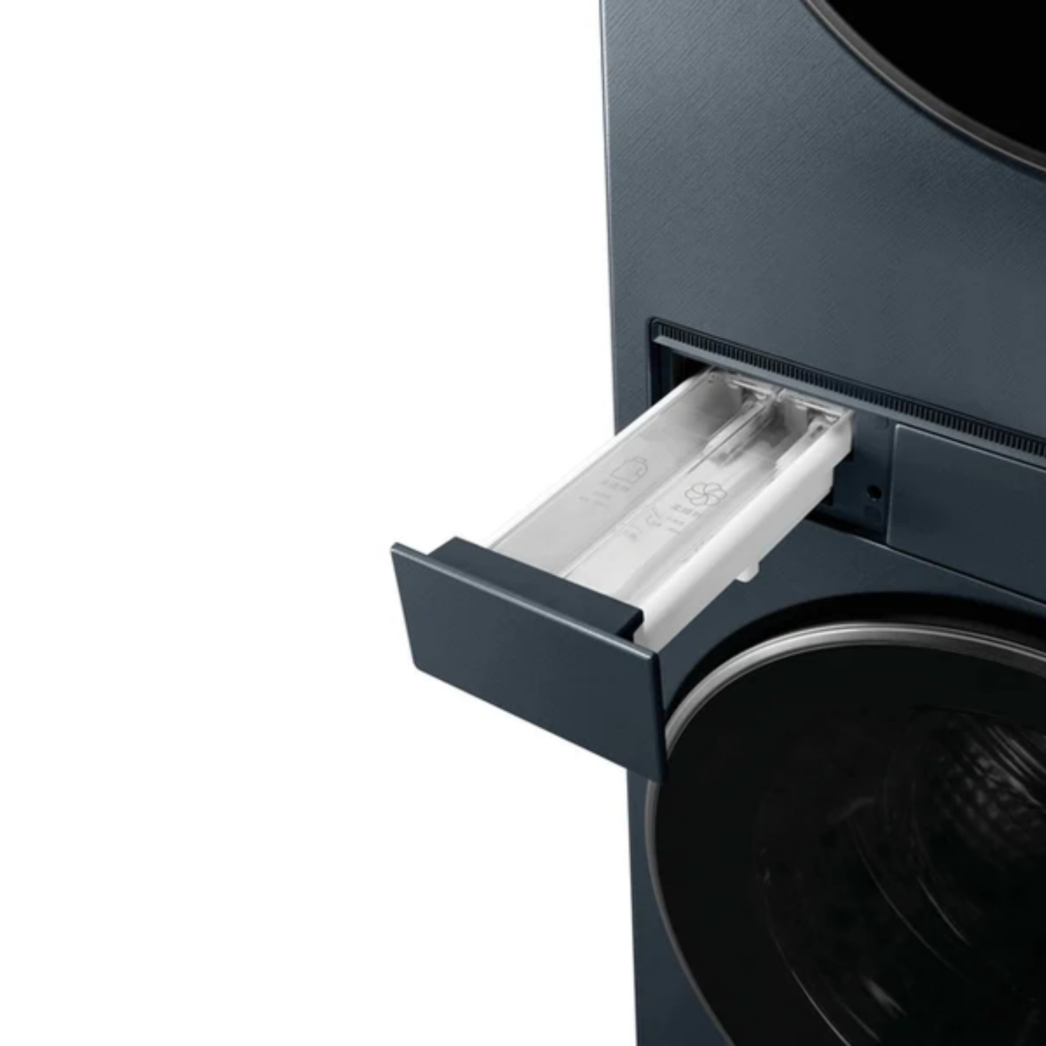 Cajón extraído de una lavadora azul oscuro con compartimentos para detergente.