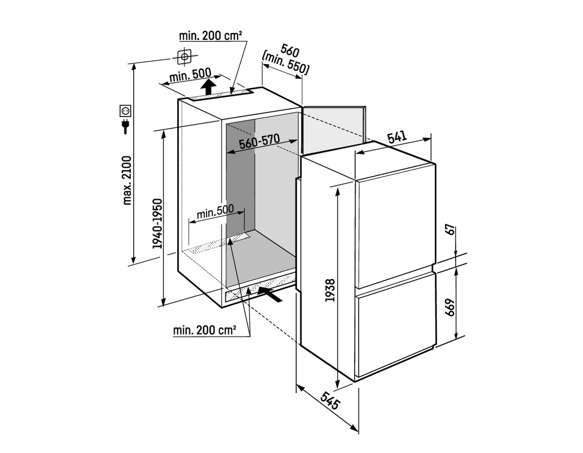 Diagramm beépített hűtőszekrény méreteit, magasság, szélesség, mélység, távolságok.