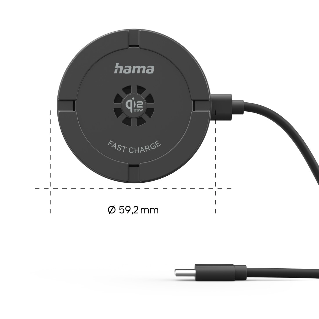 Fekete Hama Qi töltő, 59,2 mm átmérő, kábellel.