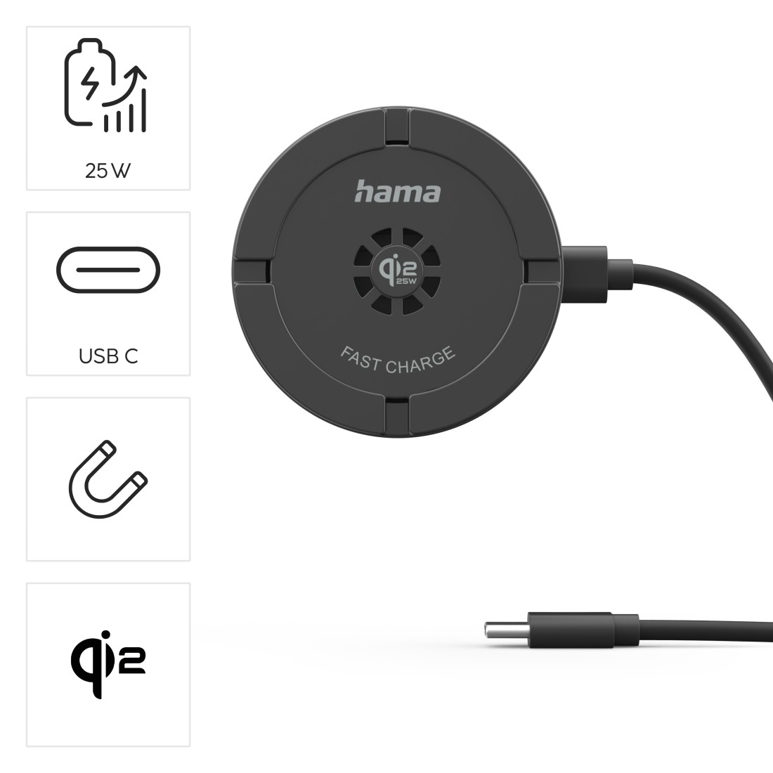 Fekete Hama Qi töltőállomás USB-C porttal és 25W teljesítménnyel.