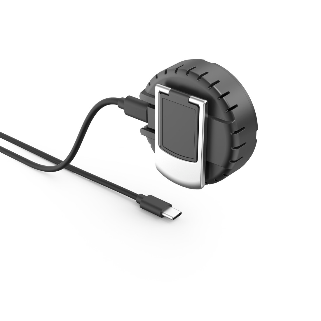 Fekete USB-C kábel ezüst díszítésű, kerek, fekete eszközhöz csatlakoztatva.