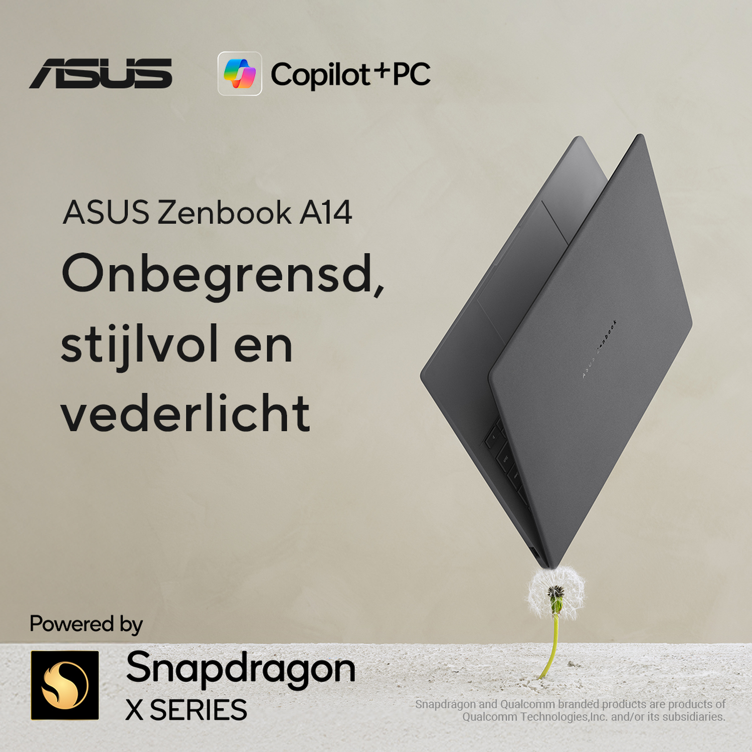 A gray ASUS Zenbook A14 laptop floats above a dandelion. ASUS and Snapdragon logos.