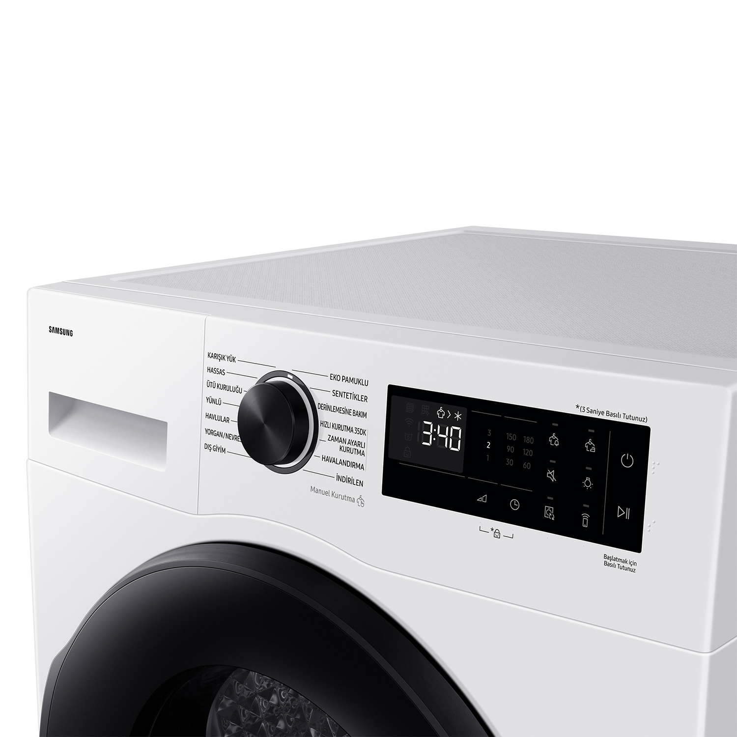 Primer plano de una lavadora Samsung blanca con panel de control y pantalla digital negros.