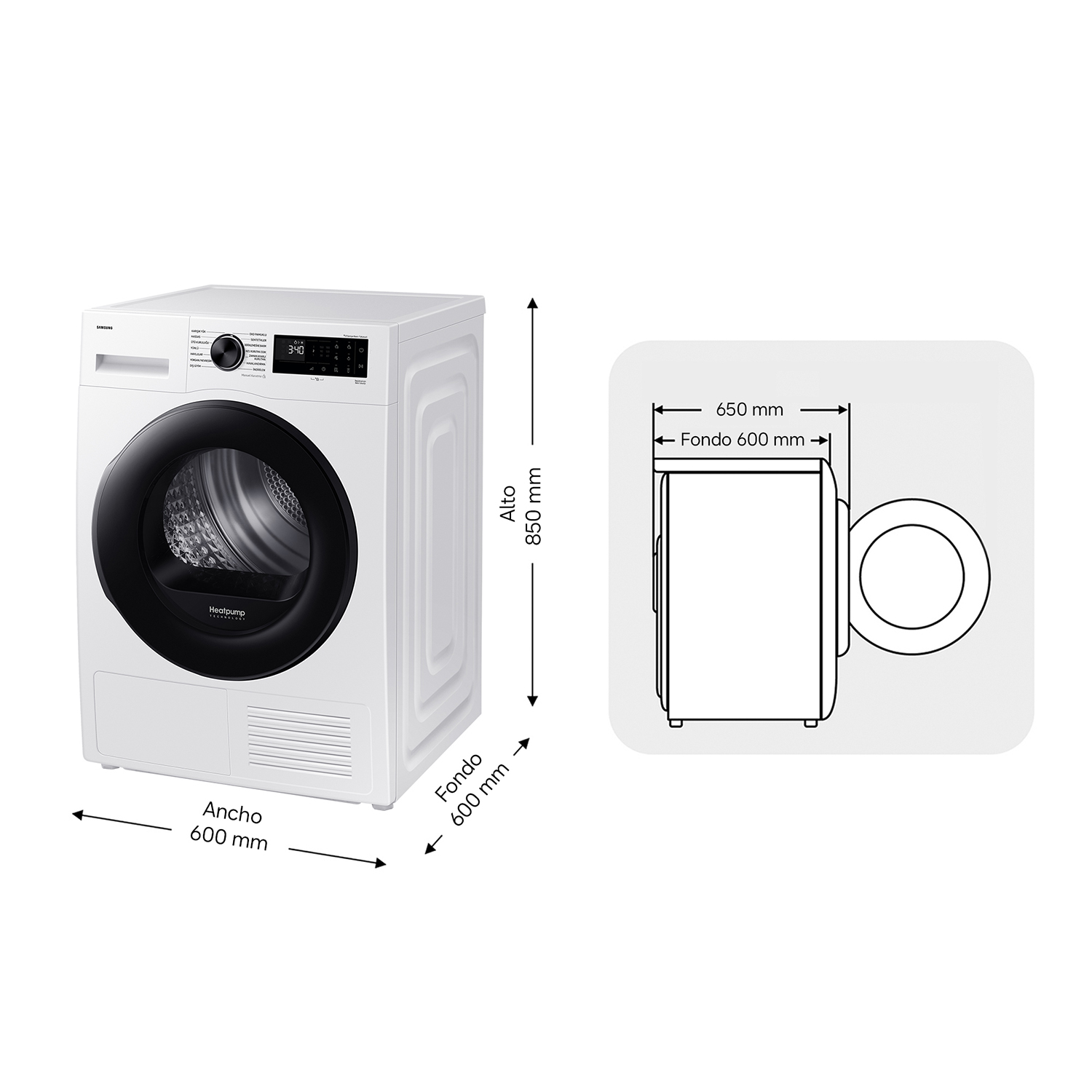 Lavadora blanca con puerta y pantalla negras. Dimensiones: 85cm A, 60cm An, 60cm F.
