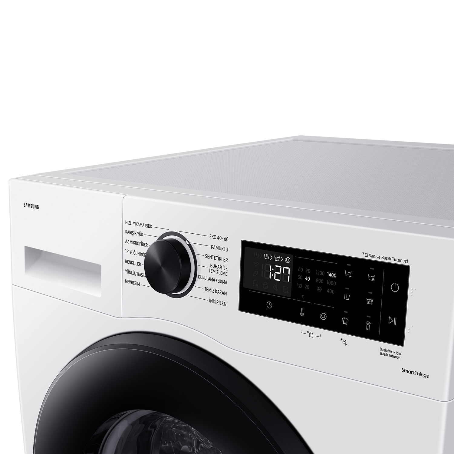 Primer plano de una lavadora Samsung blanca con pantalla digital y dial de control.