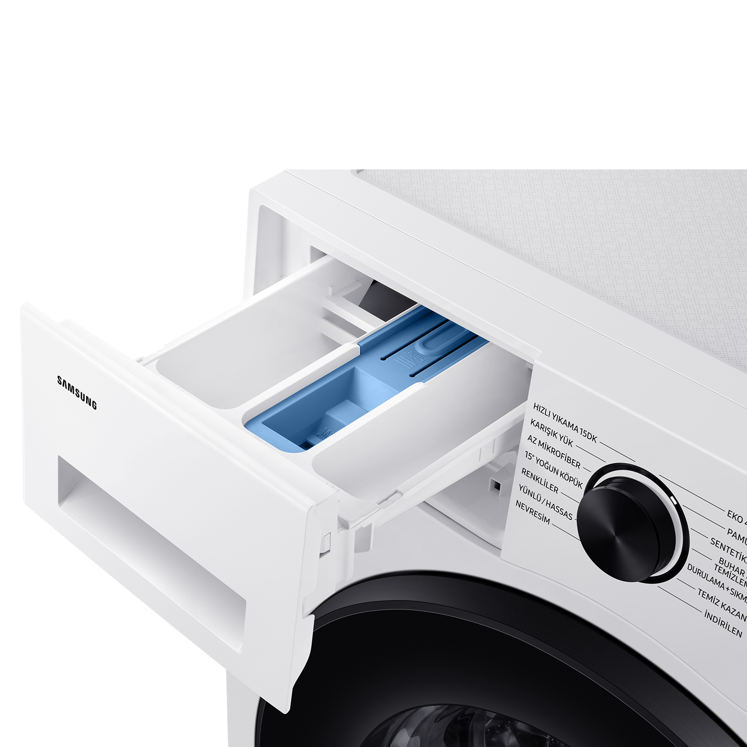 Una lavadora Samsung blanca con el cajón del detergente extraído.