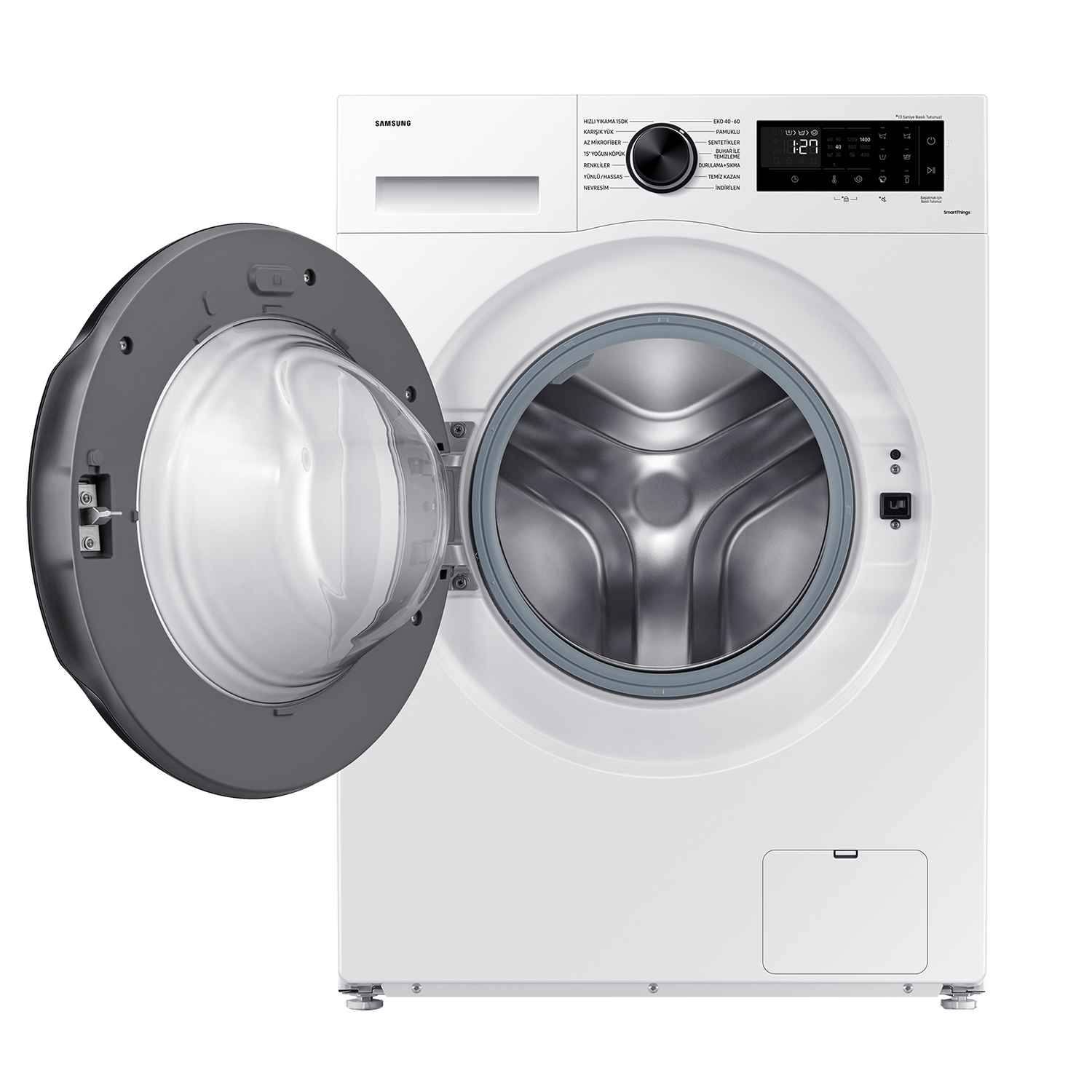 Una lavadora Samsung blanca con la puerta abierta y panel de control.