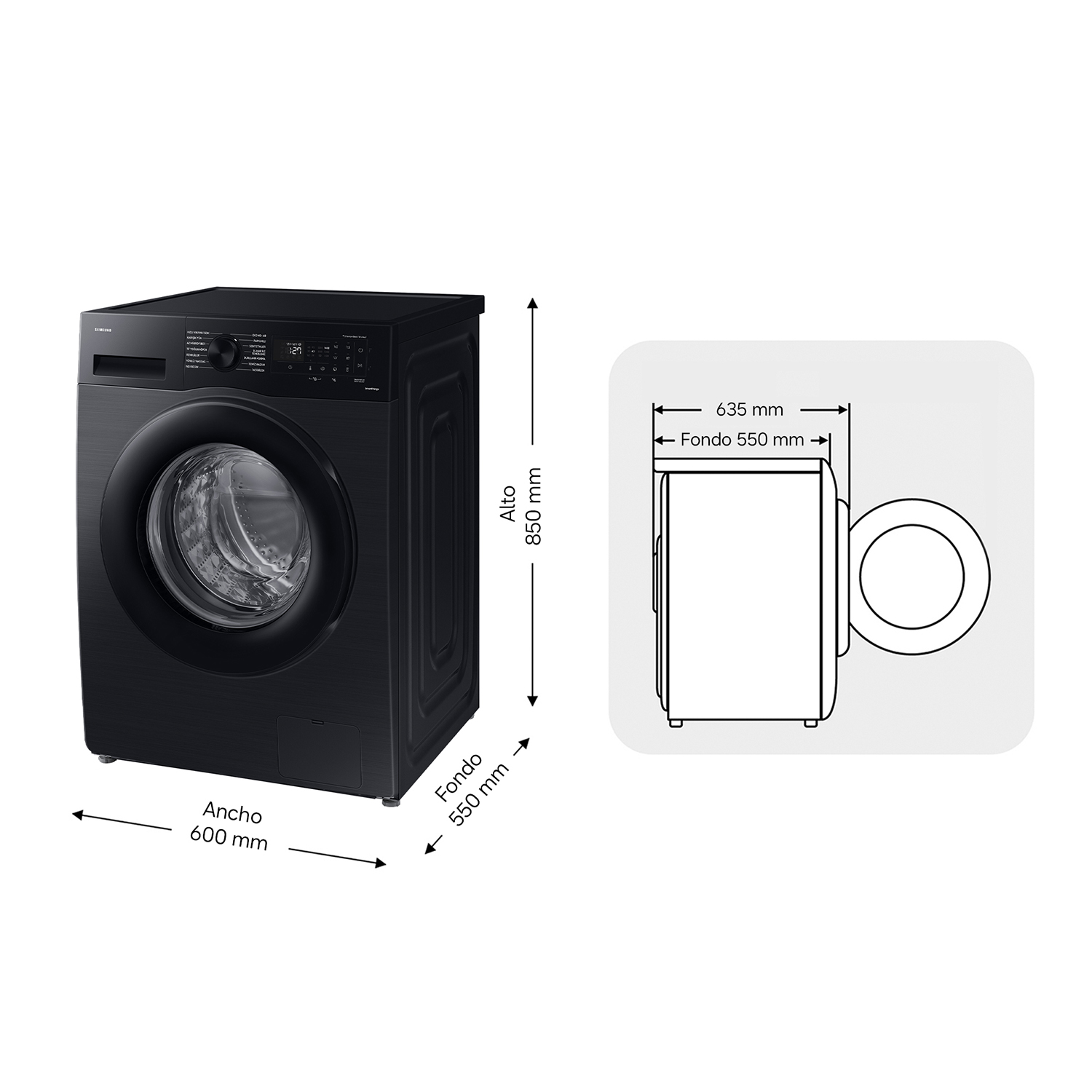 Lavadora negra con dimensiones: alto 850mm, ancho 600mm, fondo 550mm.
