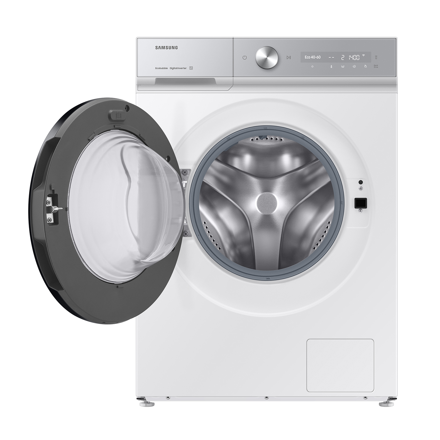 Una lavadora Samsung blanca con la puerta abierta y panel de control plateado.