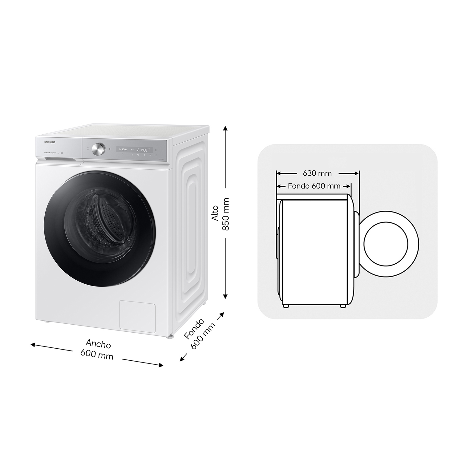 Lavadora Samsung blanca con dimensiones: 85cm alto, 60cm ancho, 60cm fondo.
