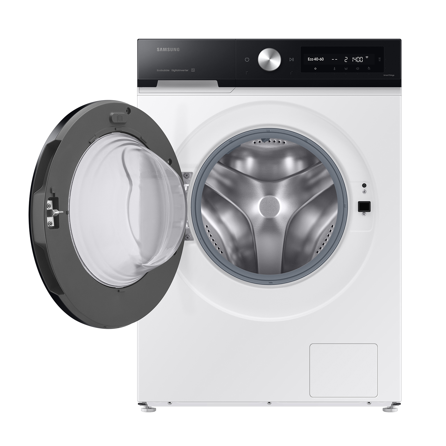 Lavadora Samsung blanca con puerta gris oscuro abierta y panel de control plateado.