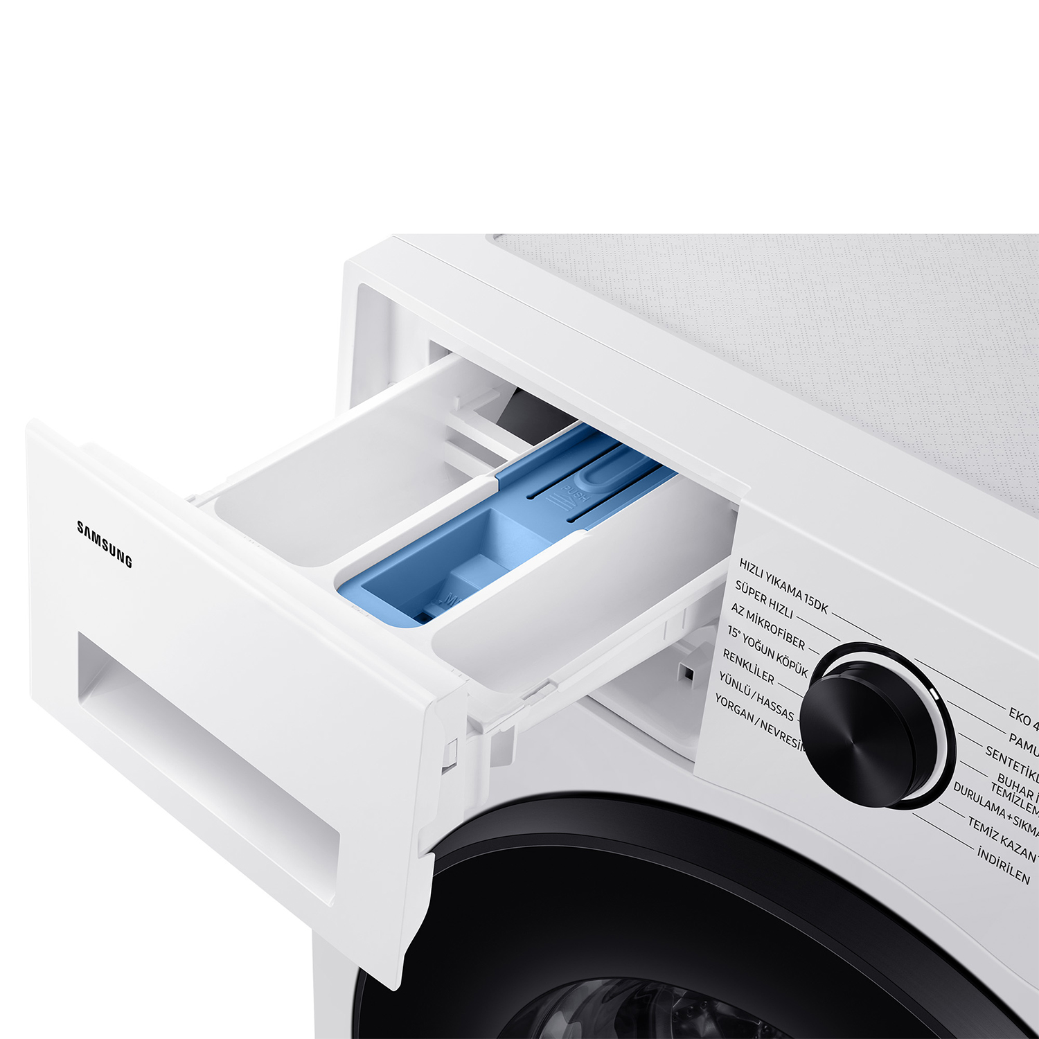 Lavadora Samsung blanca con cajón de detergente extraído y panel de control visible.