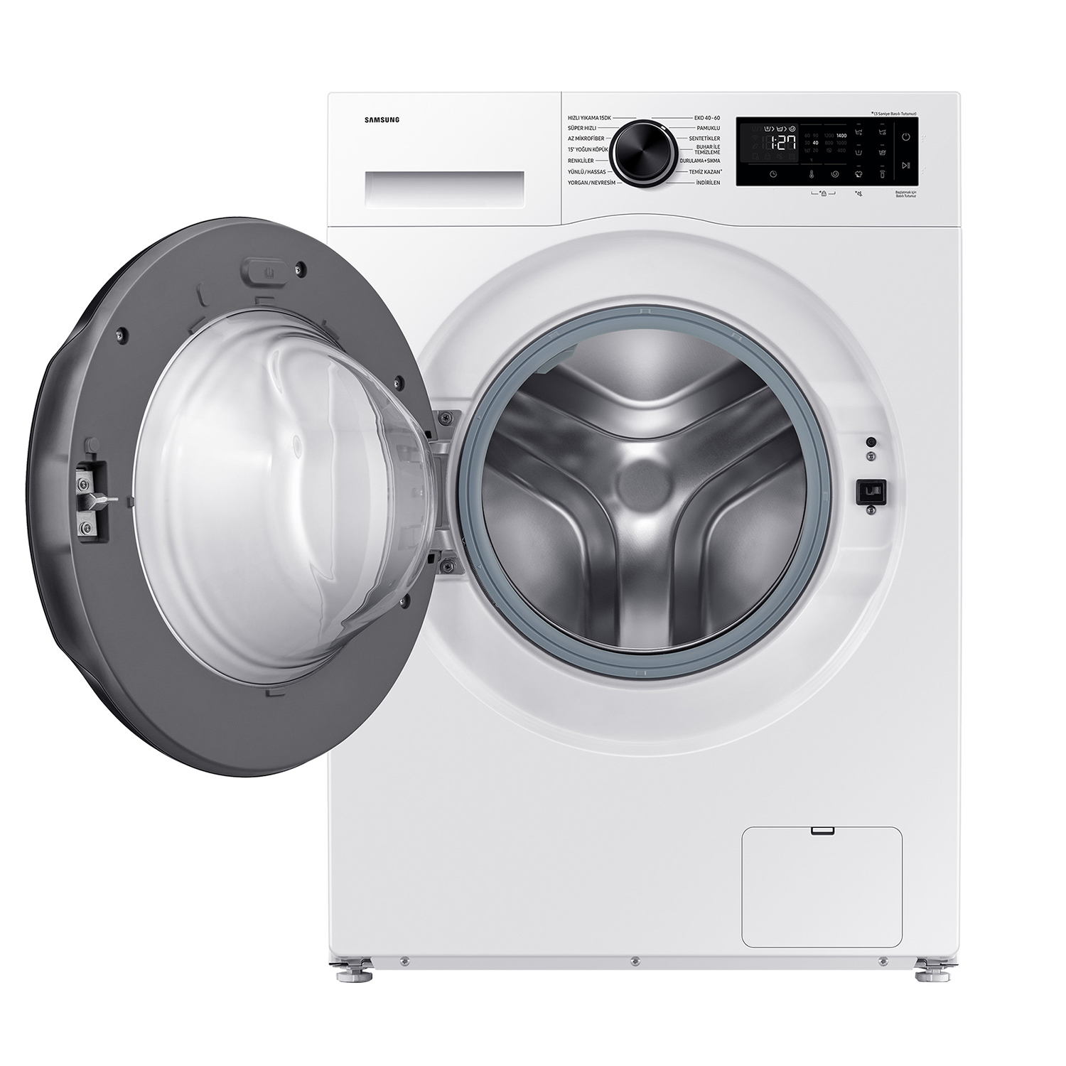 Lavadora Samsung blanca con puerta abierta y panel de control.