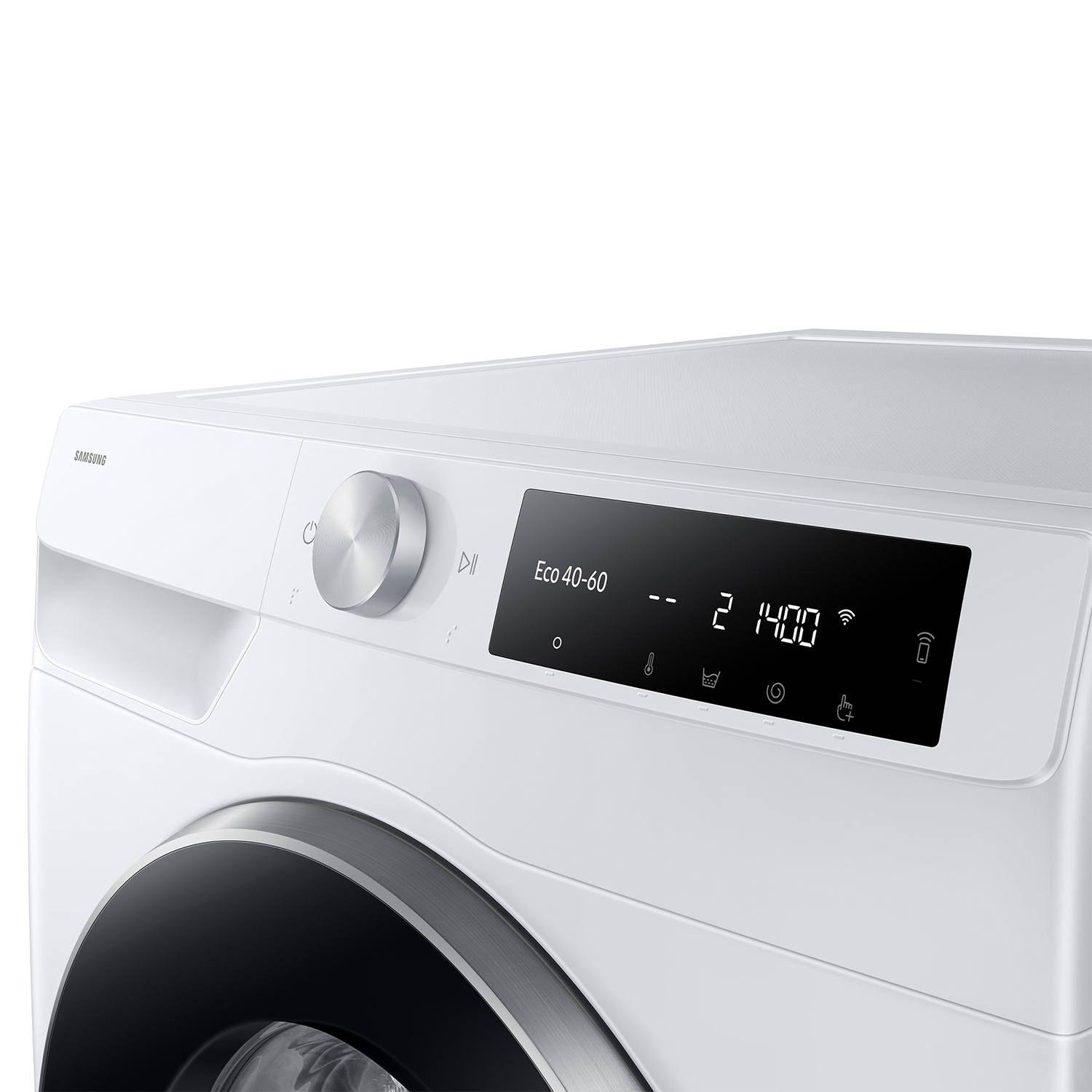 Lavadora blanca con dial plateado y pantalla digital que muestra Eco 40-60.