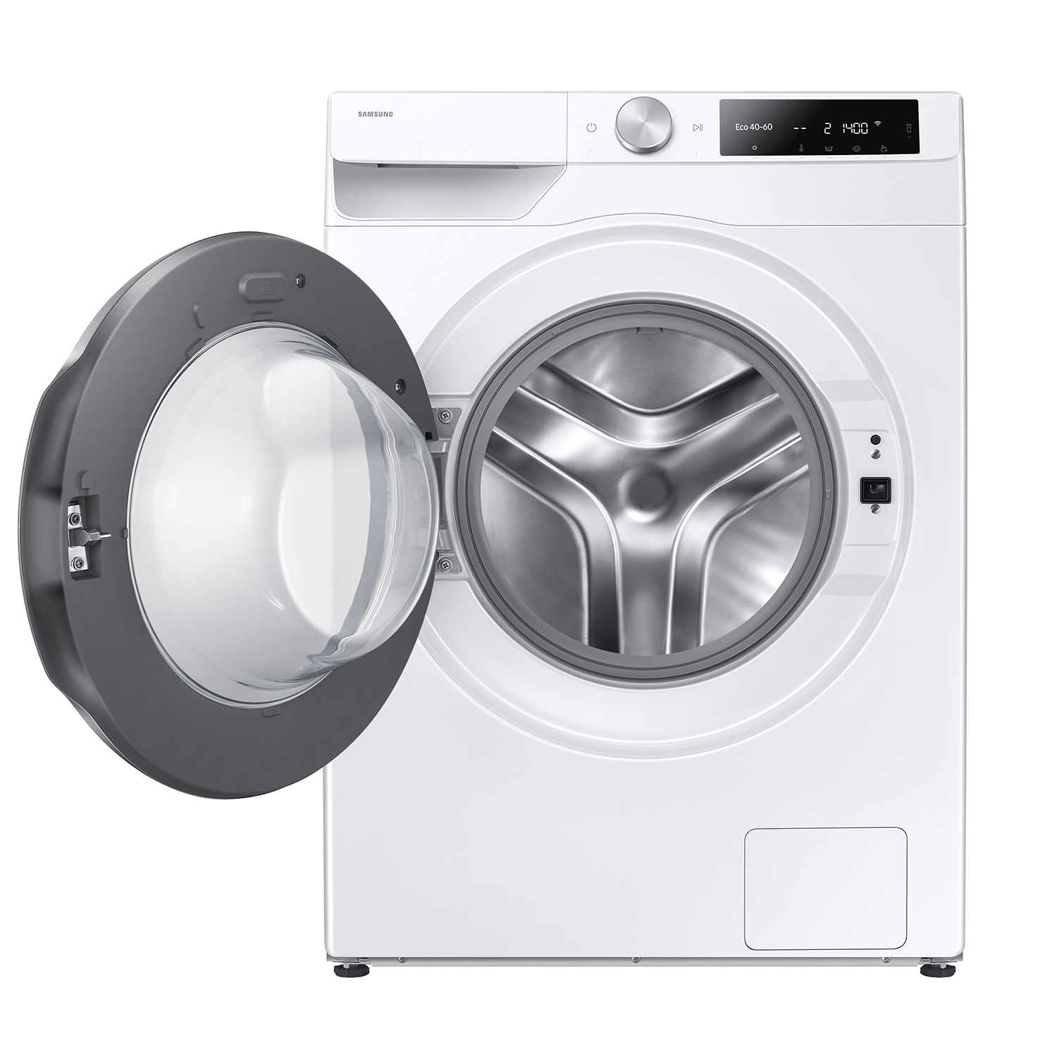 Una lavadora Samsung blanca con la puerta abierta, mostrando el tambor plateado.