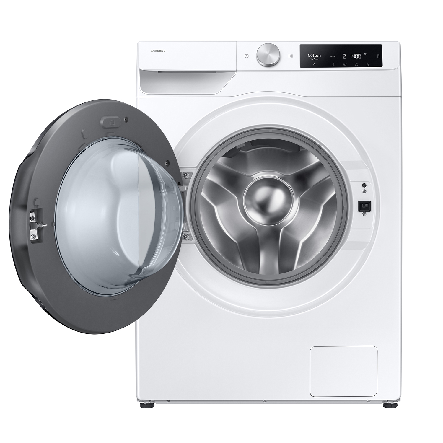 Una lavadora Samsung blanca con la puerta abierta, mostrando el tambor plateado.