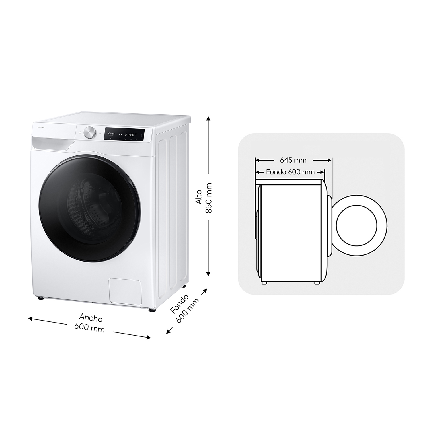 Una lavadora blanca con dimensiones: 850mm alto, 600mm ancho, 600mm fondo.