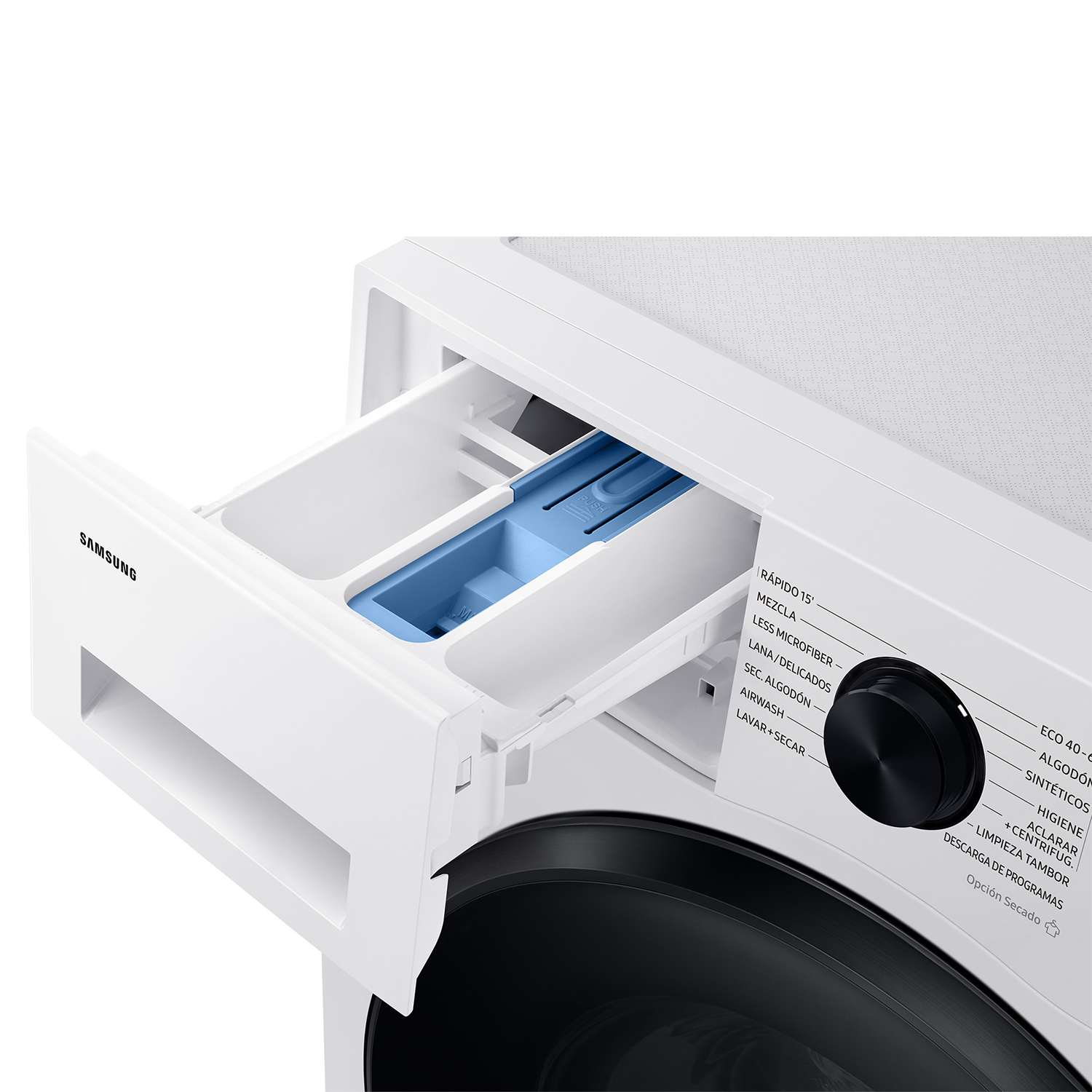 Una lavadora blanca con cajón de detergente extraído y panel de control visible.