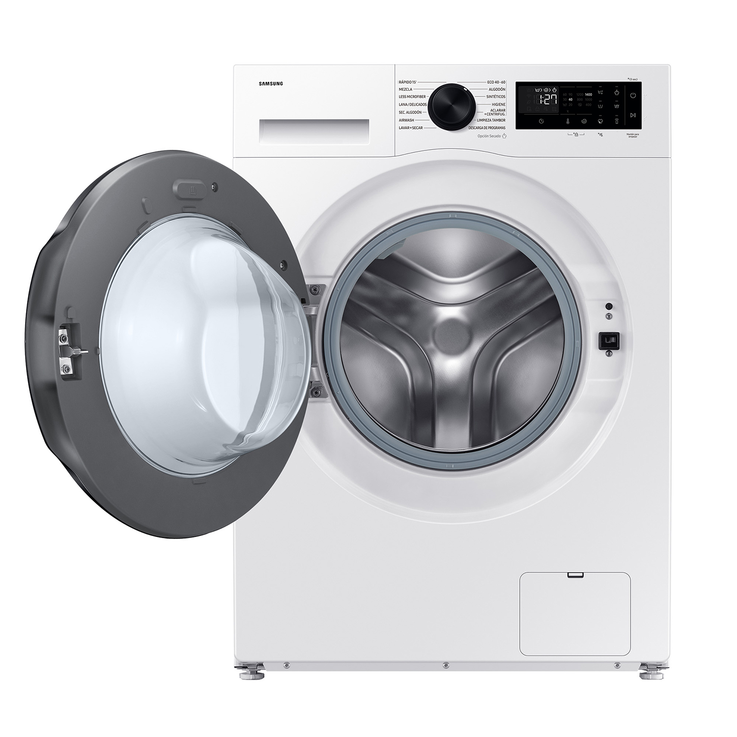 Una lavadora Samsung blanca con la puerta abierta y panel de control.