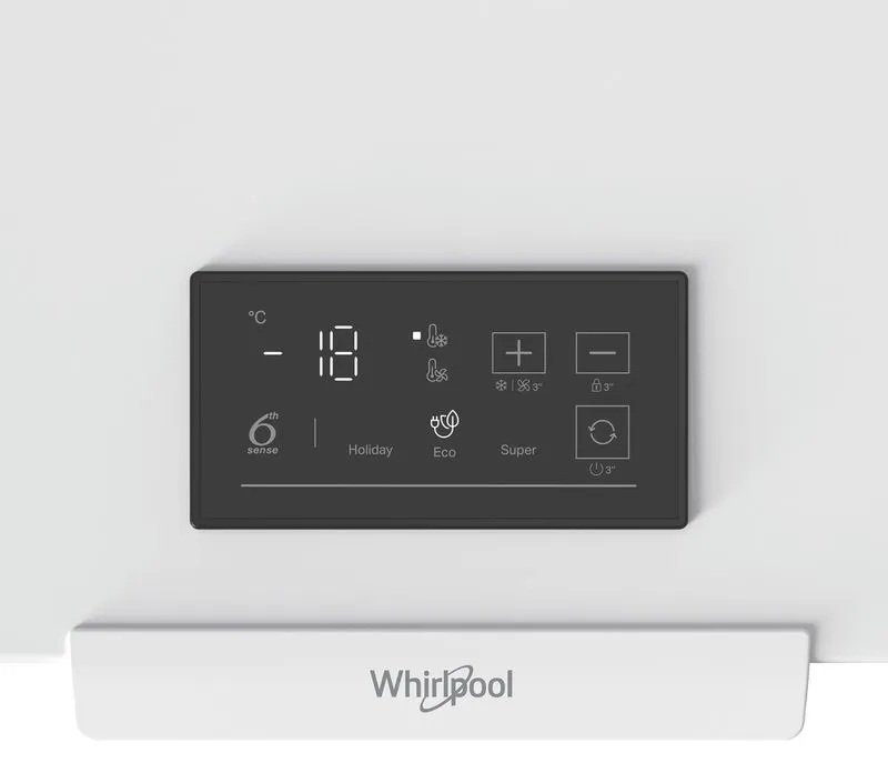 Cyfrowy wyświetlacz lodówki pokazujący temperaturę -18°C, ikony i przyciski.