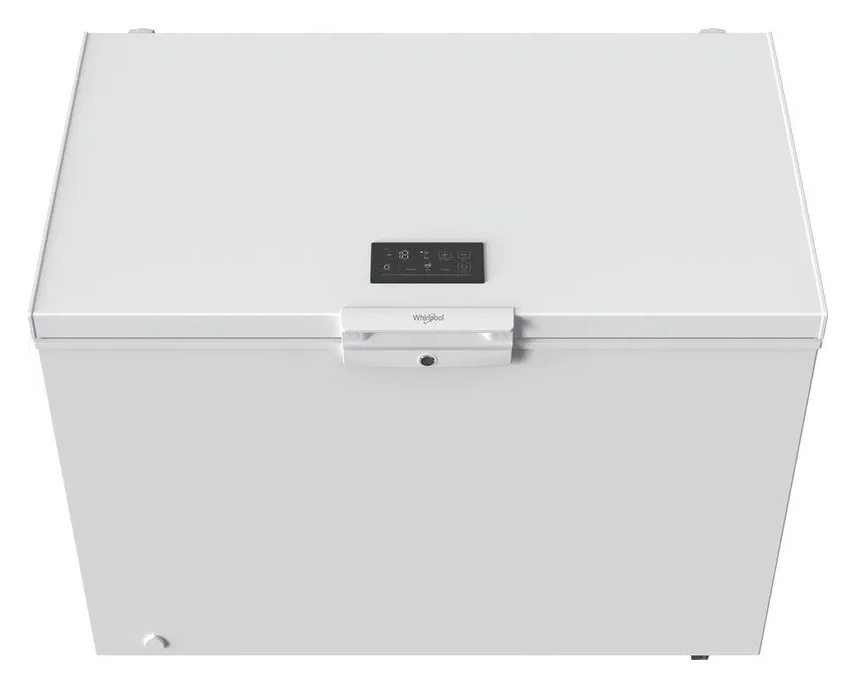 Biała zamrałarka skrzyniowa z cyfrowym sterowaniem i uchwytem.