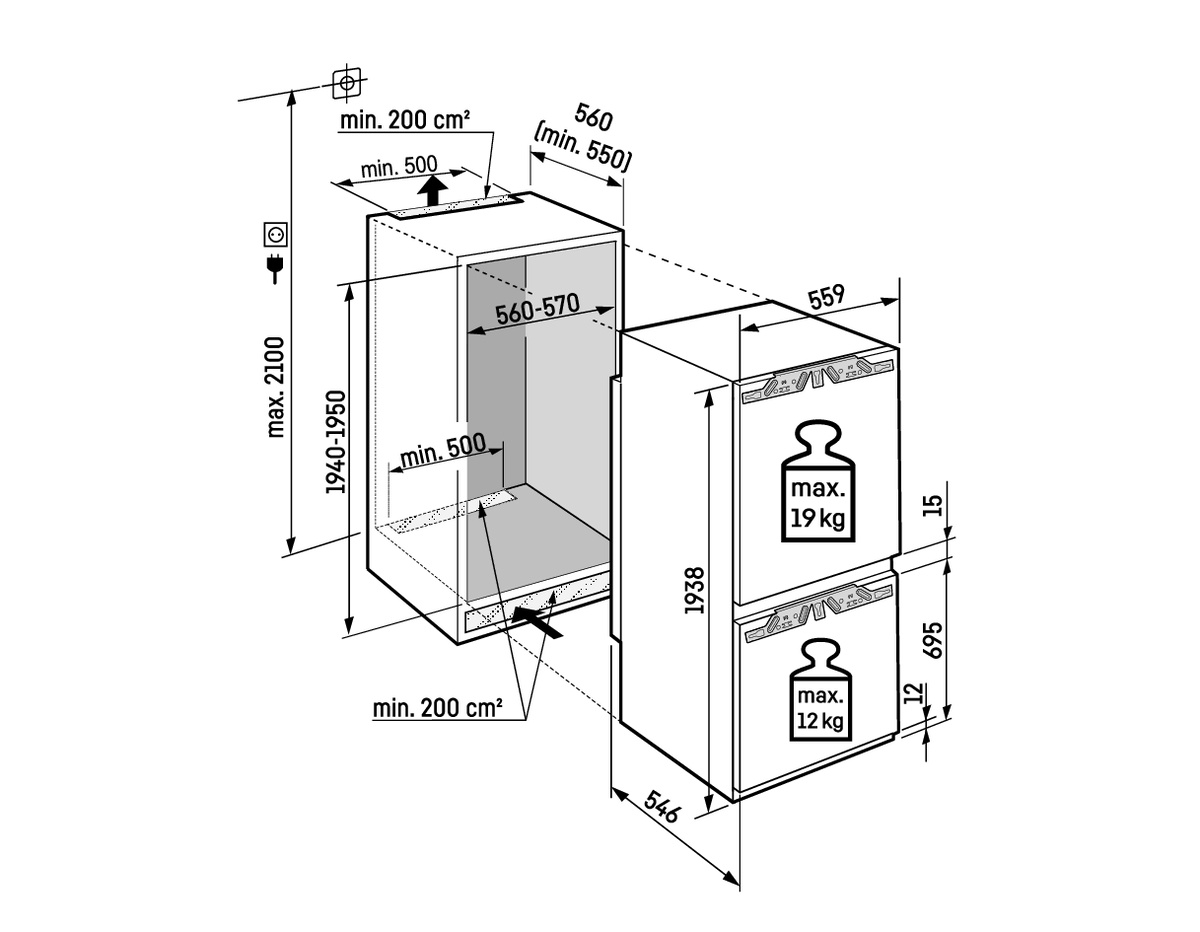 Diagram mutatja beépíthető készülék méreteit. Max. magasság 2100mm. Egység kapacitása max. 19kg és 12kg.