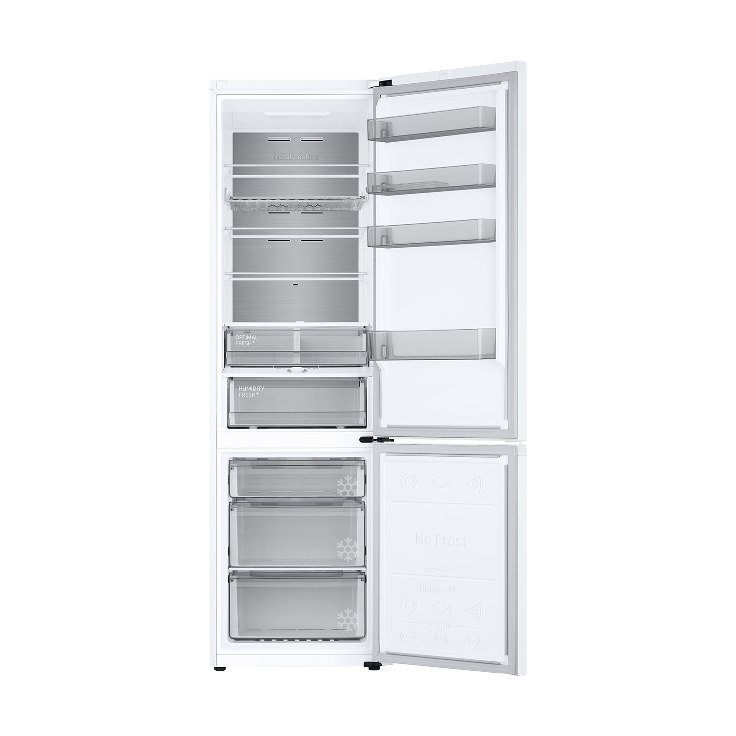 Un refrigerador blanco abierto que muestra estantes, cajones y un 