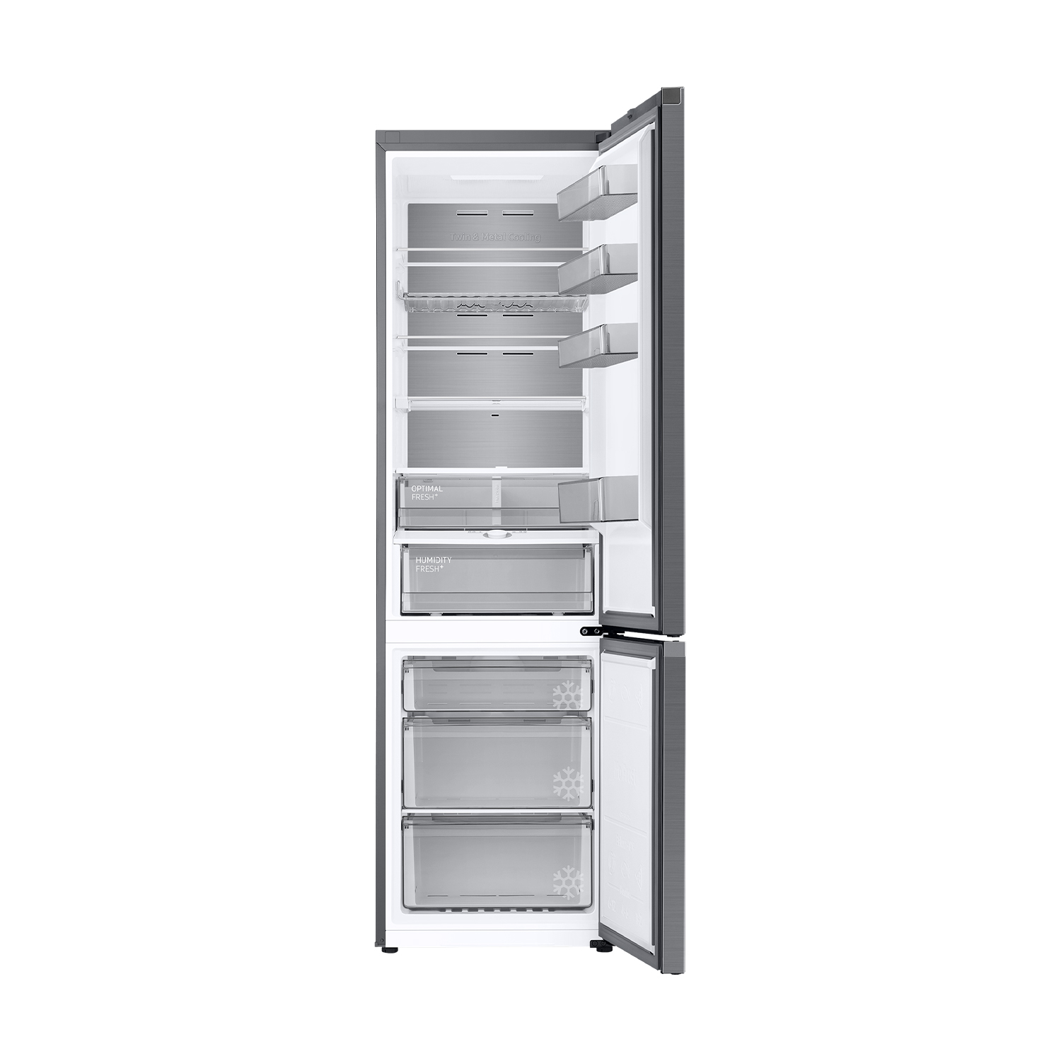 Refrigerador gris abierto con varios estantes y cajones.