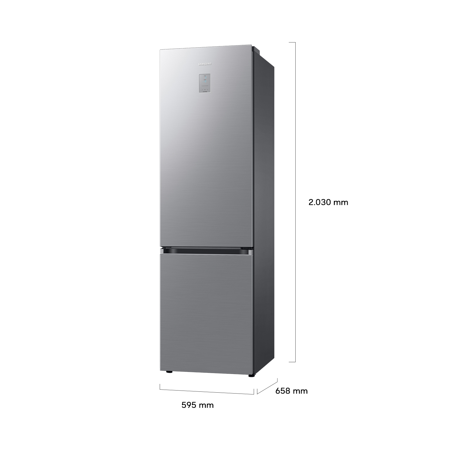 Un refrigerador Samsung plateado de dos puertas con dimensiones.