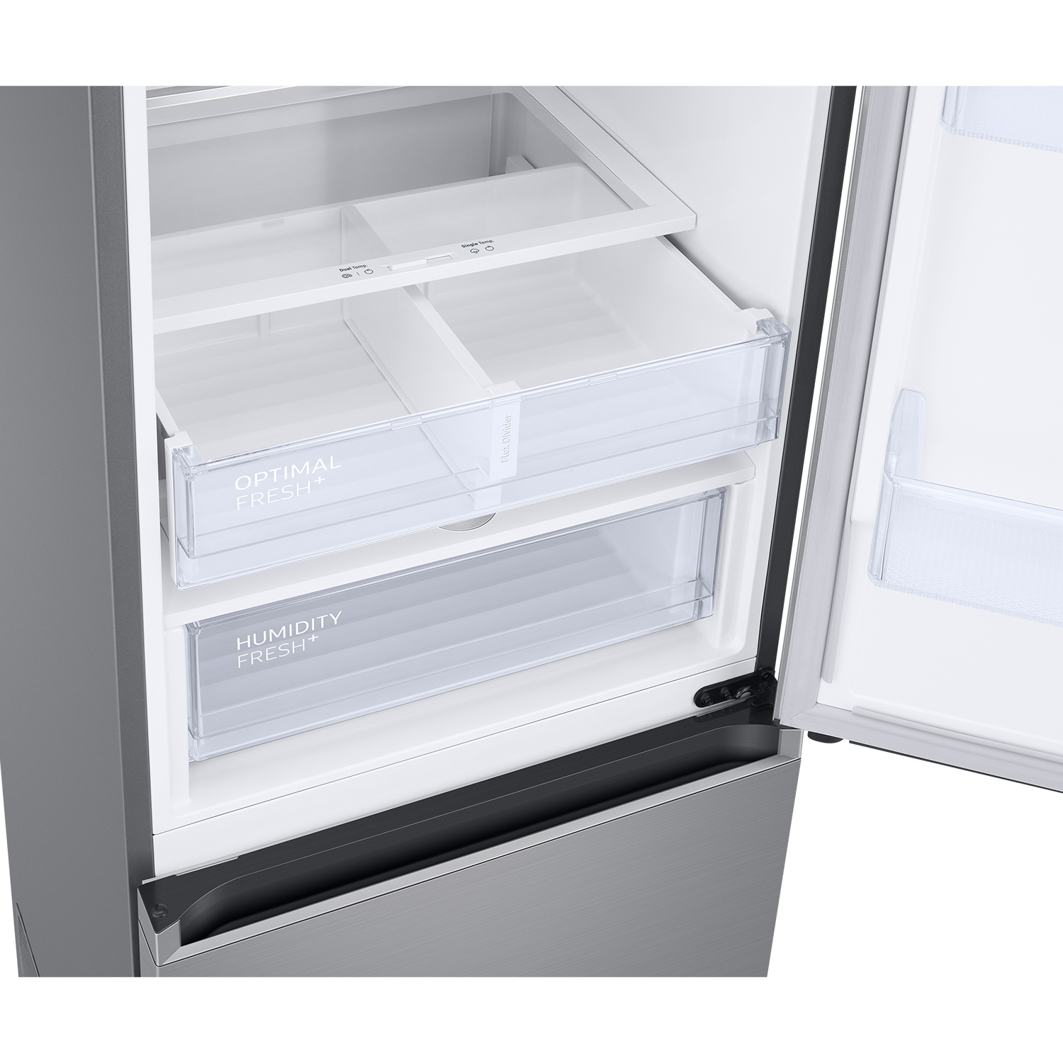 Interior de un refrigerador con dos cajones y estantes. Exterior plateado.