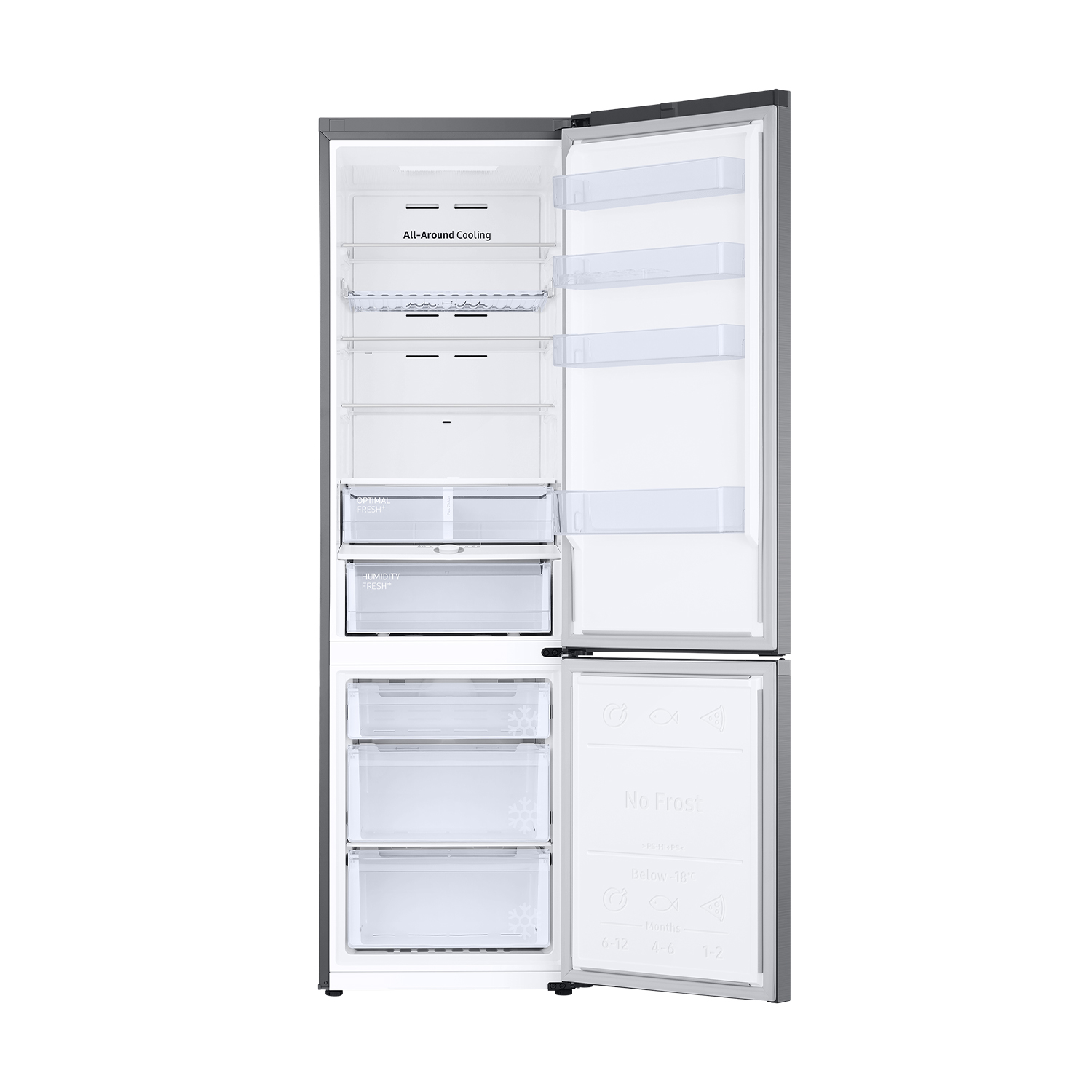 Refrigerador abierto con estantes y cajones. Se ve el texto 'All-Around Cooling'.