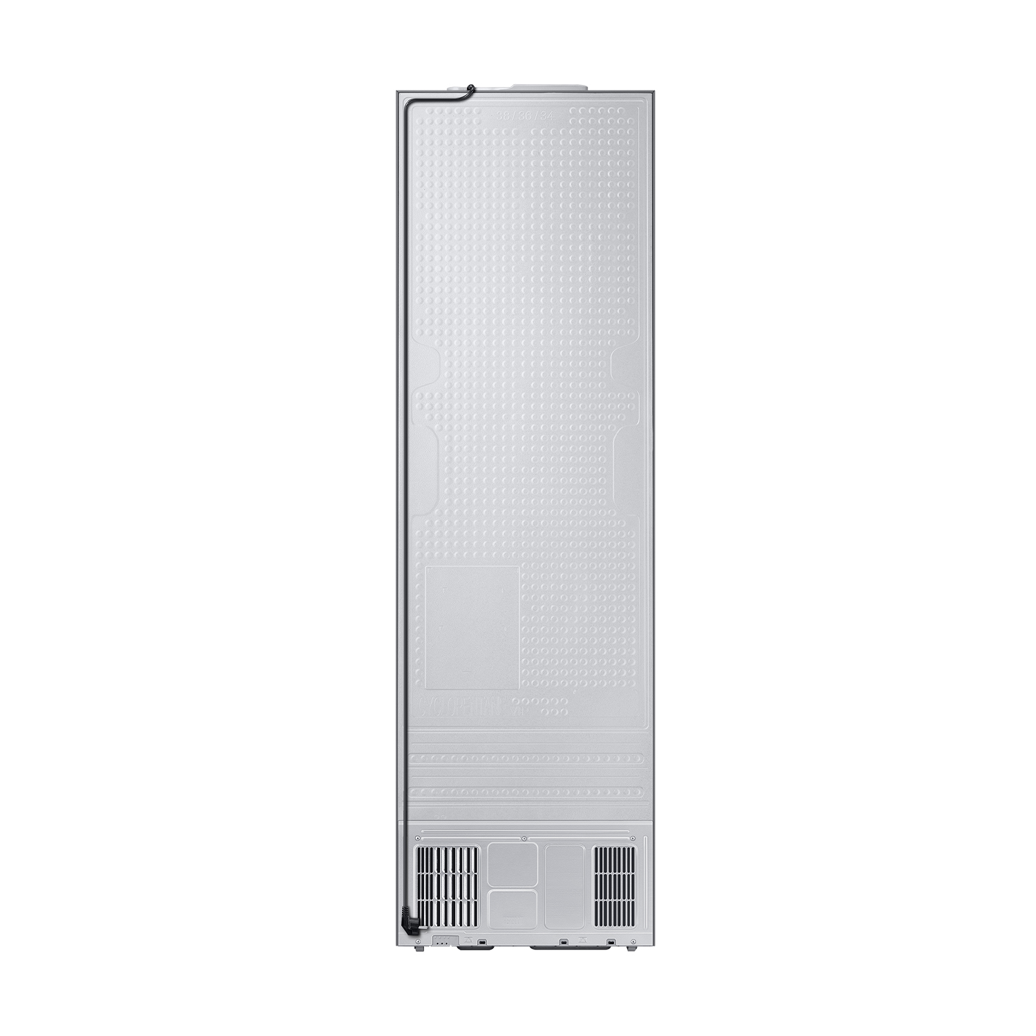 Parte trasera de un refrigerador blanco con rejilla de ventilación y aletas.