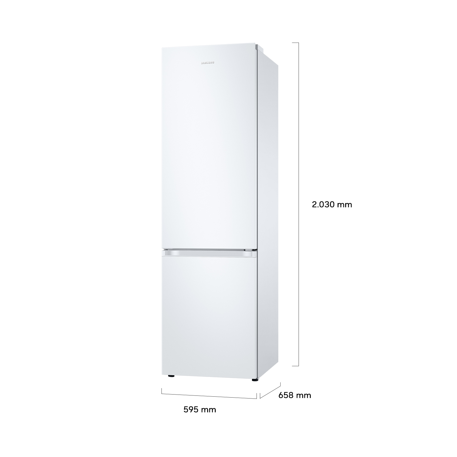 Un refrigerador Samsung blanco con dimensiones 2030x658x595mm.