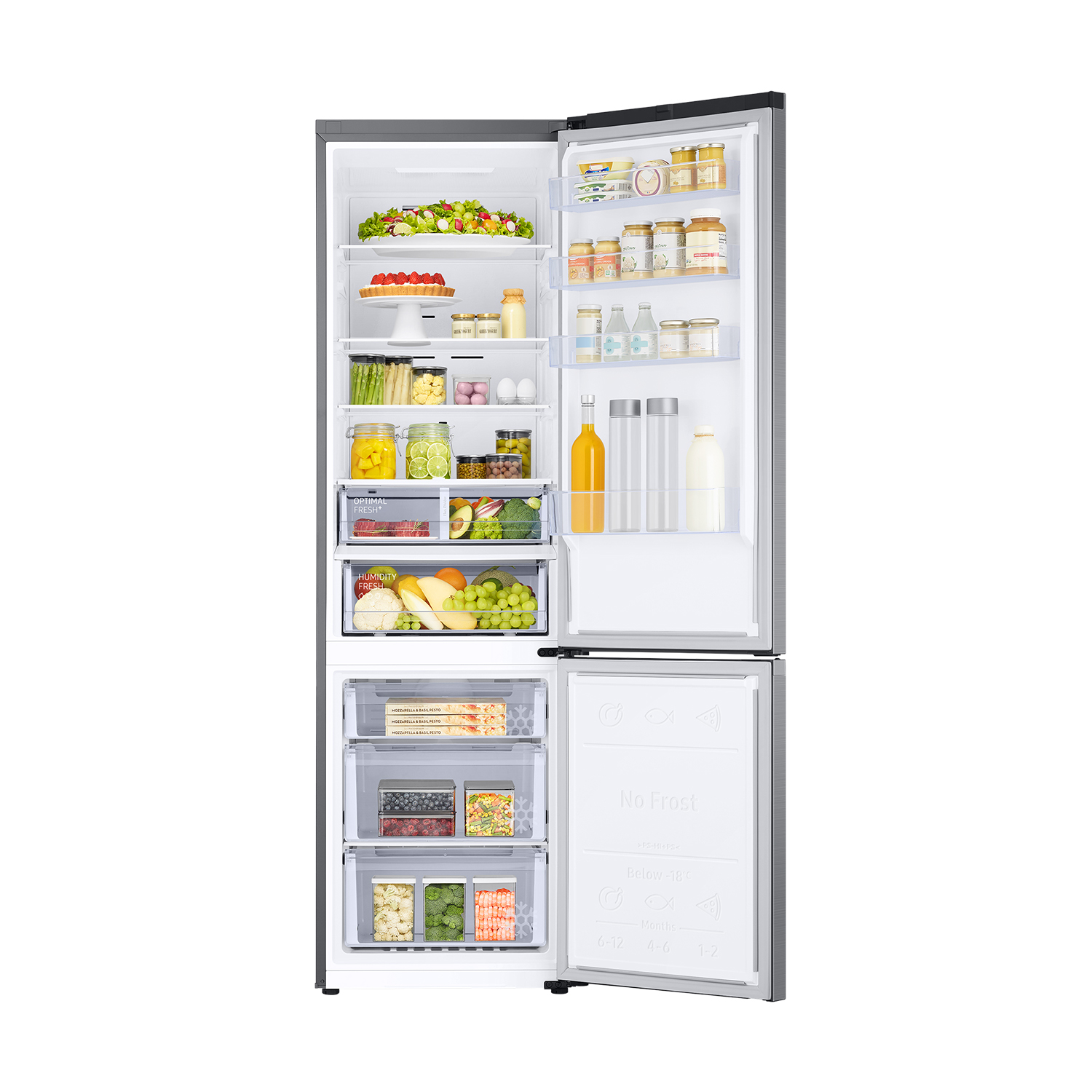Refrigerador abierto lleno de comida: frutas, verduras, bebidas y frascos.