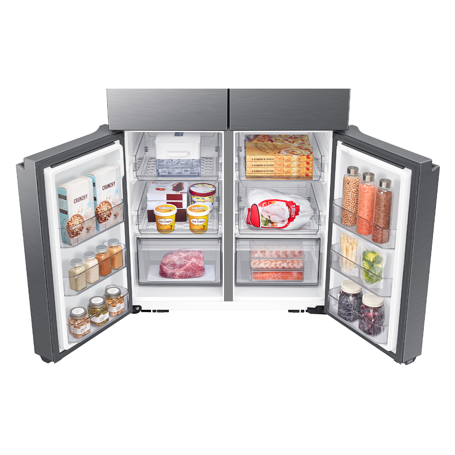 Refrigerador abierto con comida: helado, carne, pizza, camarones, brócoli, granos, pavo.