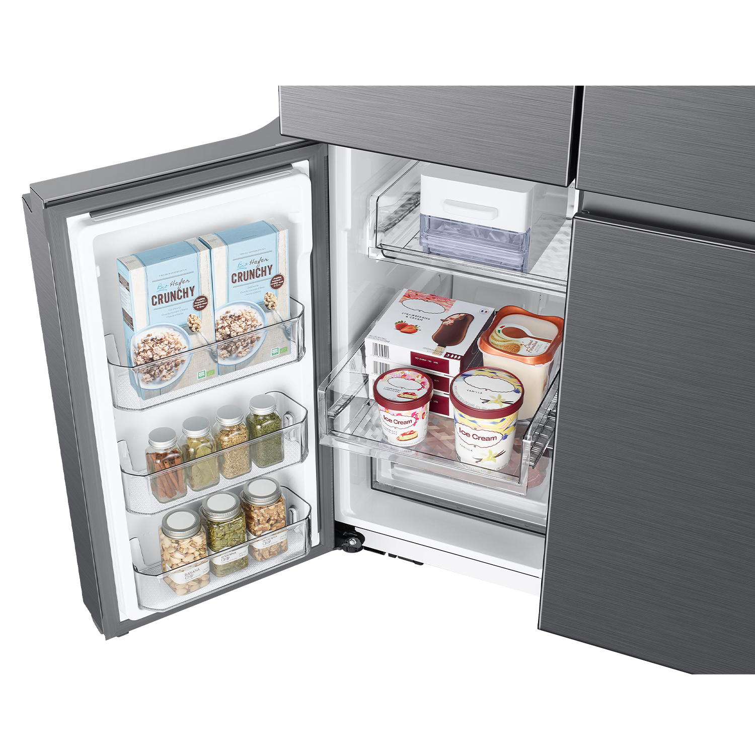 Refrigerador abierto con cajas de cereales, frascos y tarrinas de helado.