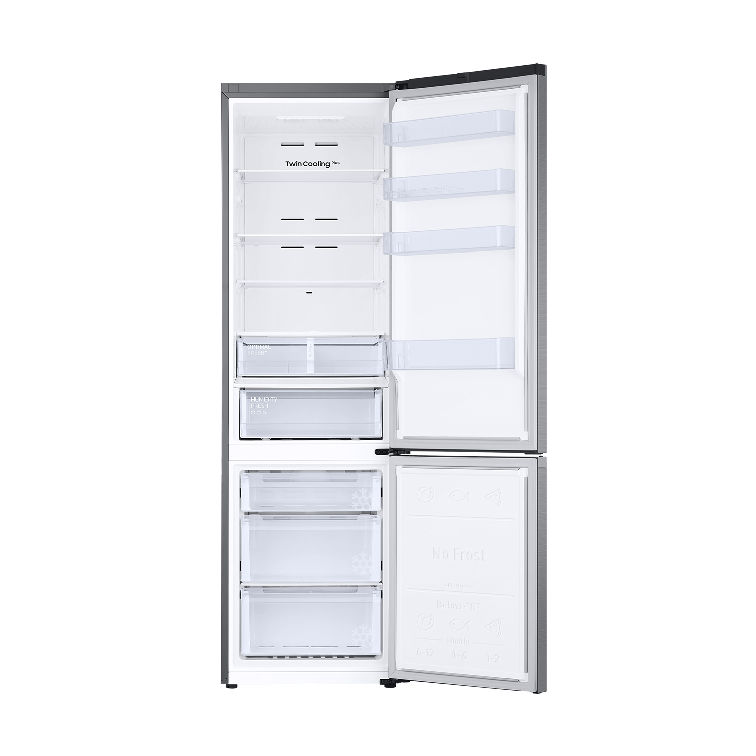 Refrigerador blanco abierto con cajones y estantes transparentes. Etiquetas Twin Cooling Plus y No Frost.