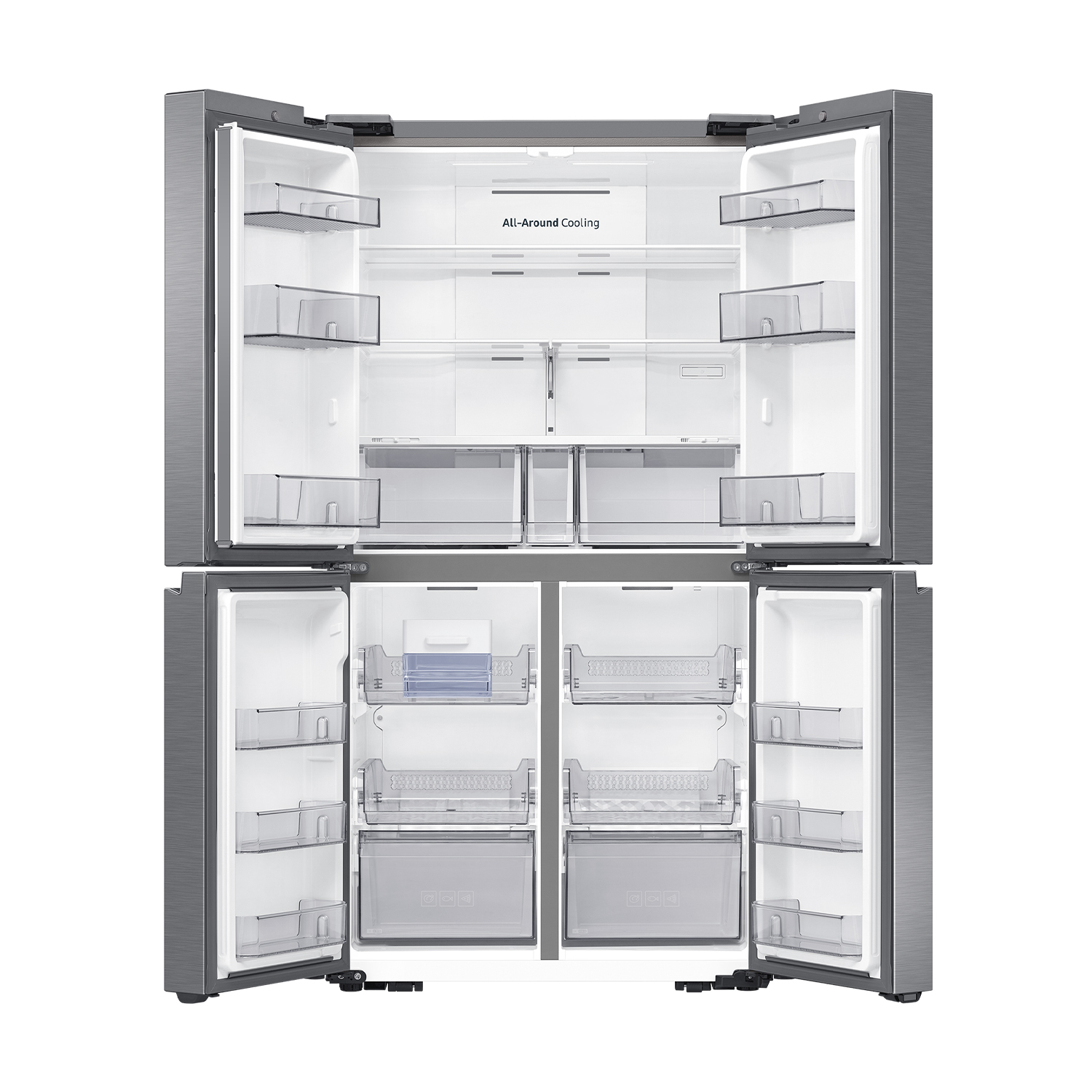 Un refrigerador abierto de cuatro puertas con múltiples estantes de vidrio y cajones.