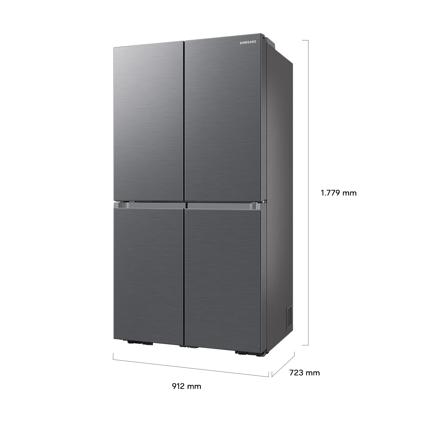 Un refrigerador Samsung gris oscuro de cuatro puertas con dimensiones 1.779 x 912 x 723 mm.