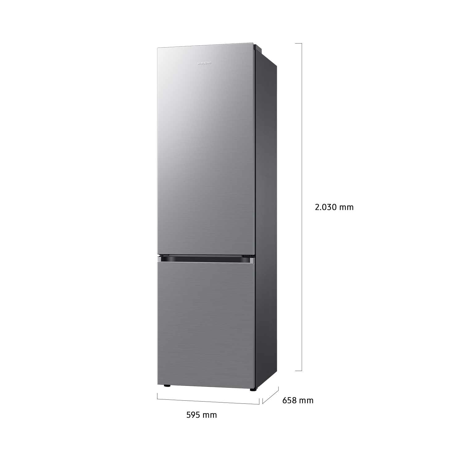 Un refrigerador Samsung plateado con dimensiones: Alto 2030 mm, Ancho 595 mm, Profundidad 658 mm.