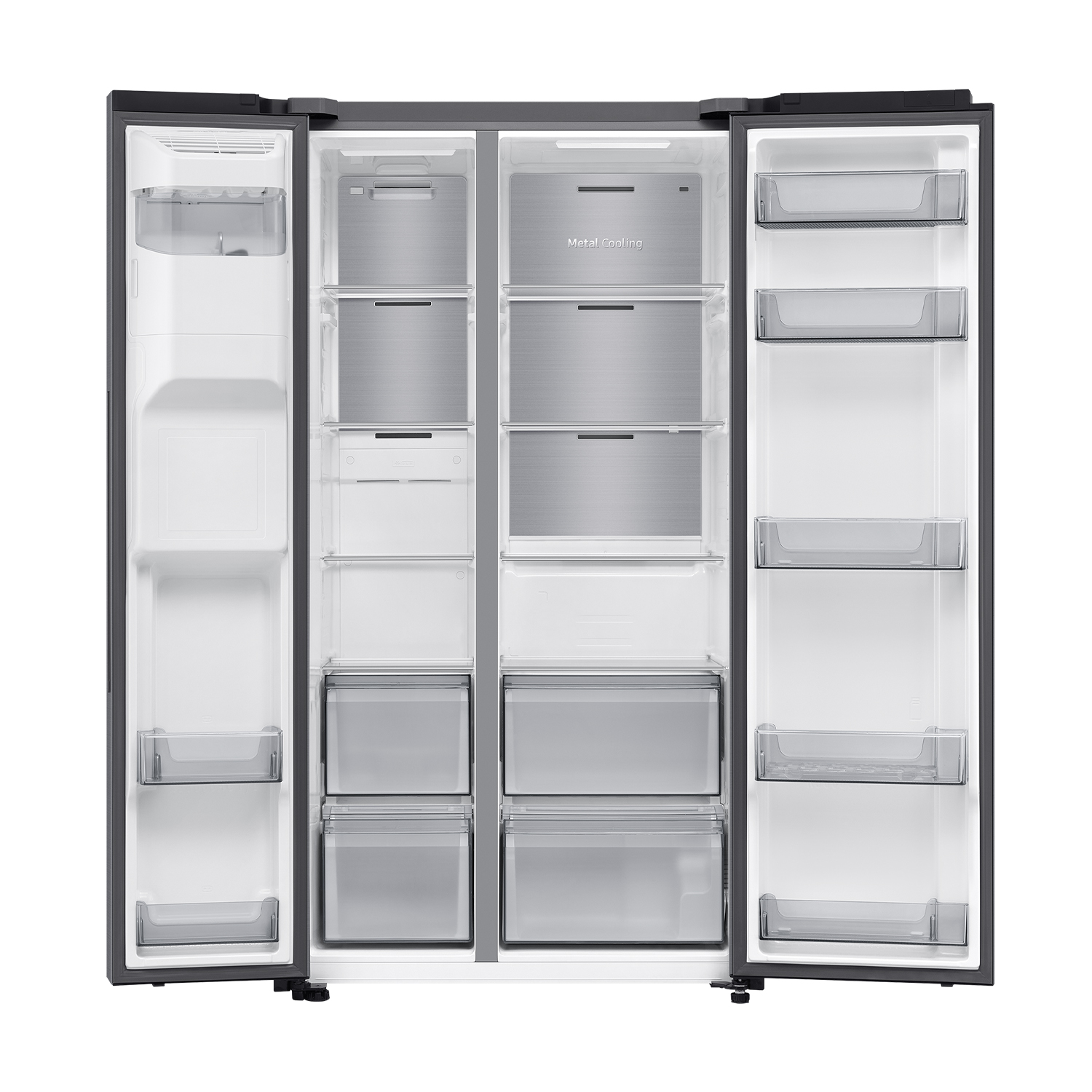 Refrigerador de puerta francesa abierto con estantes y cajones transparentes.