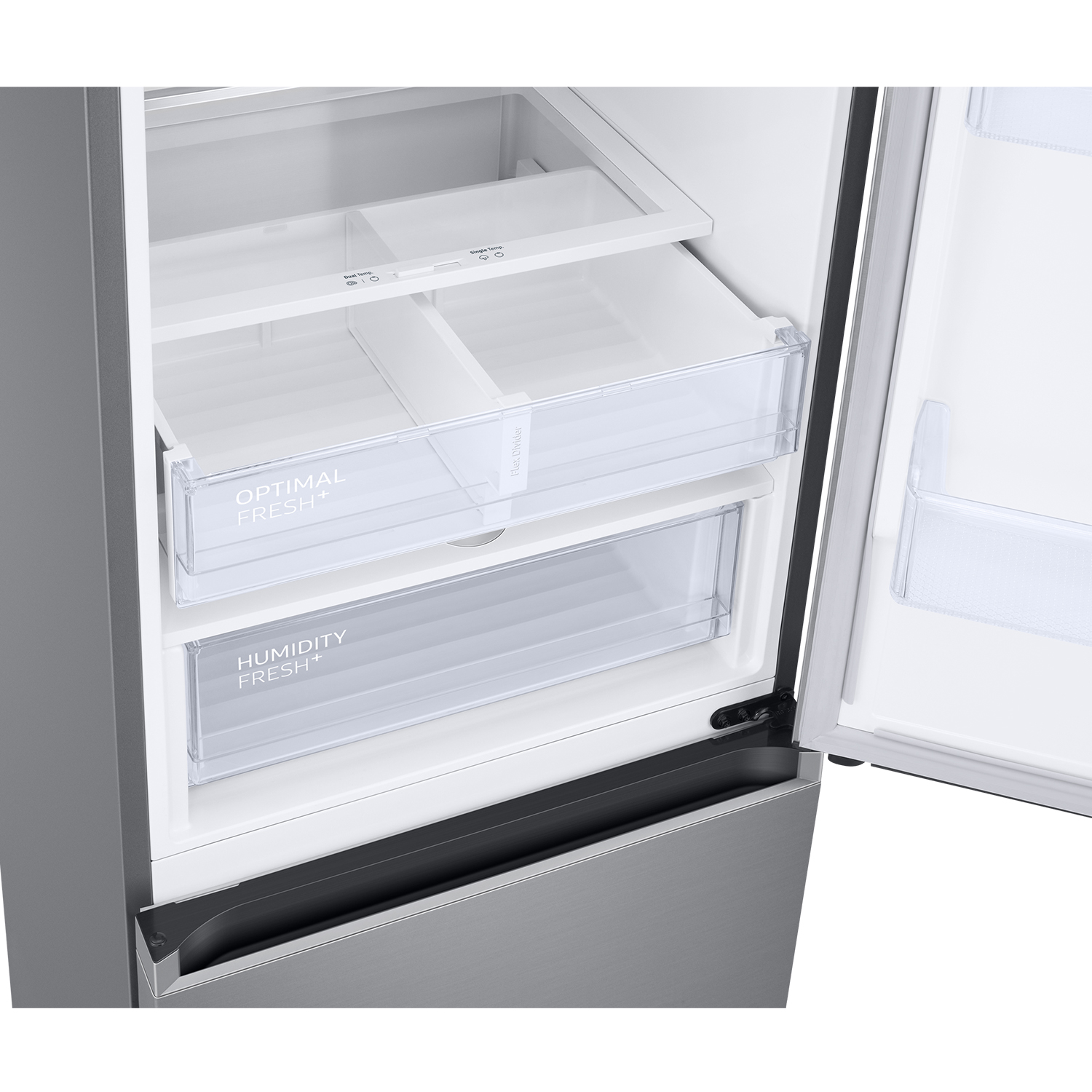 Vista interior de un refrigerador con dos cajones: Optimal Fresh+ y Humidity Fresh+