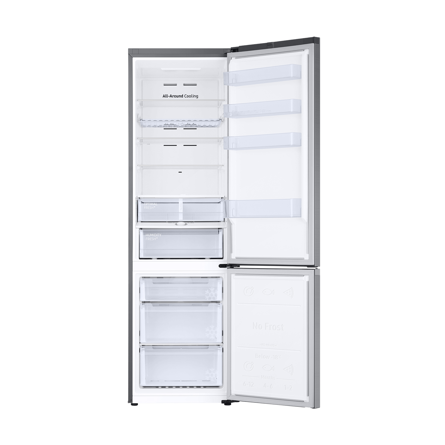Refrigerador abierto con estantes y cajones visibles. El compartimento del congelador tiene etiqueta 'No Frost'.