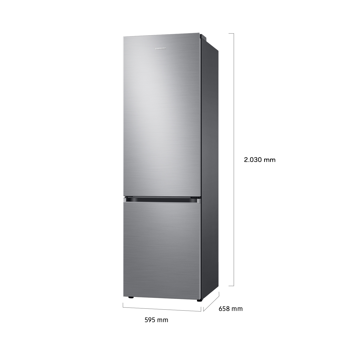 Un refrigerador Samsung plateado de dos puertas, con dimensiones.