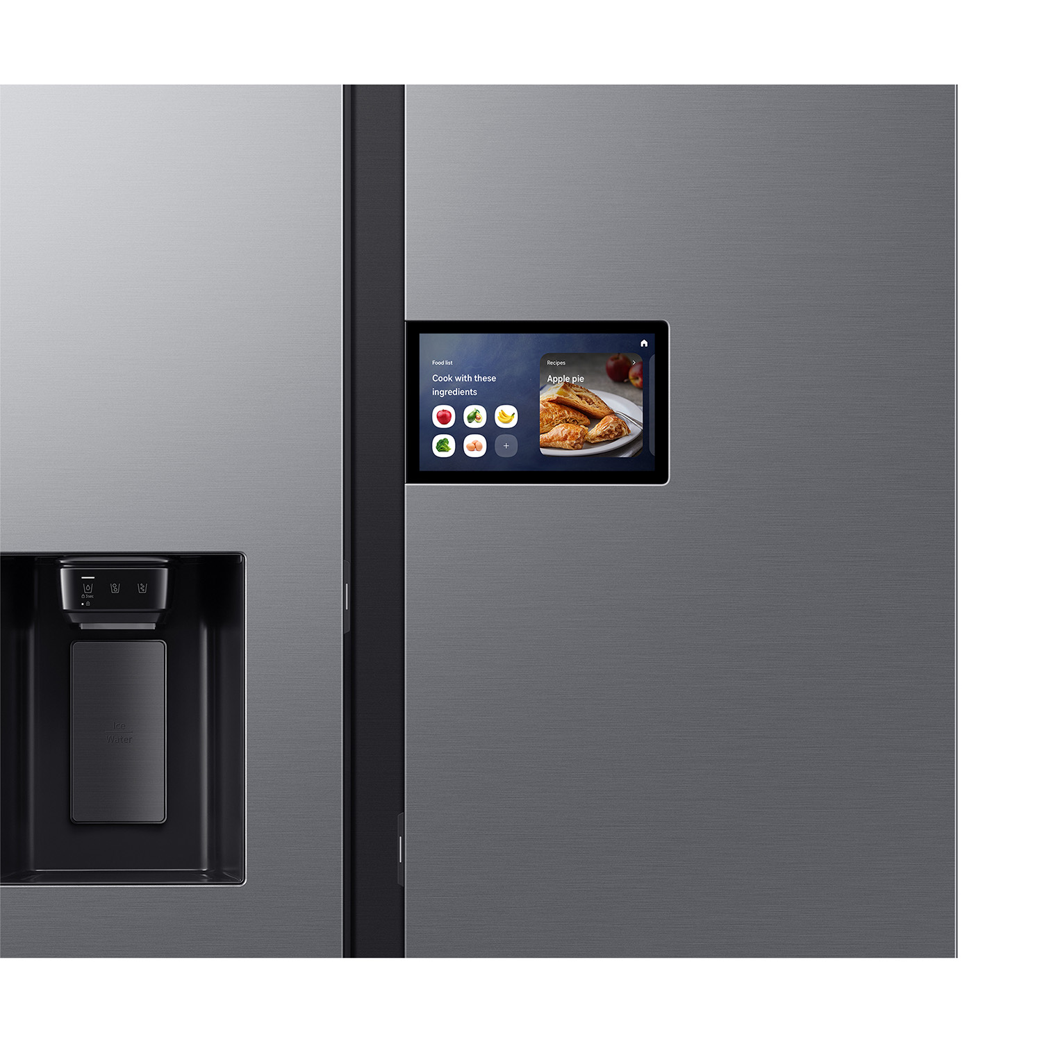 Un refrigerador moderno con pantalla táctil que muestra una receta de pastel de manzana.