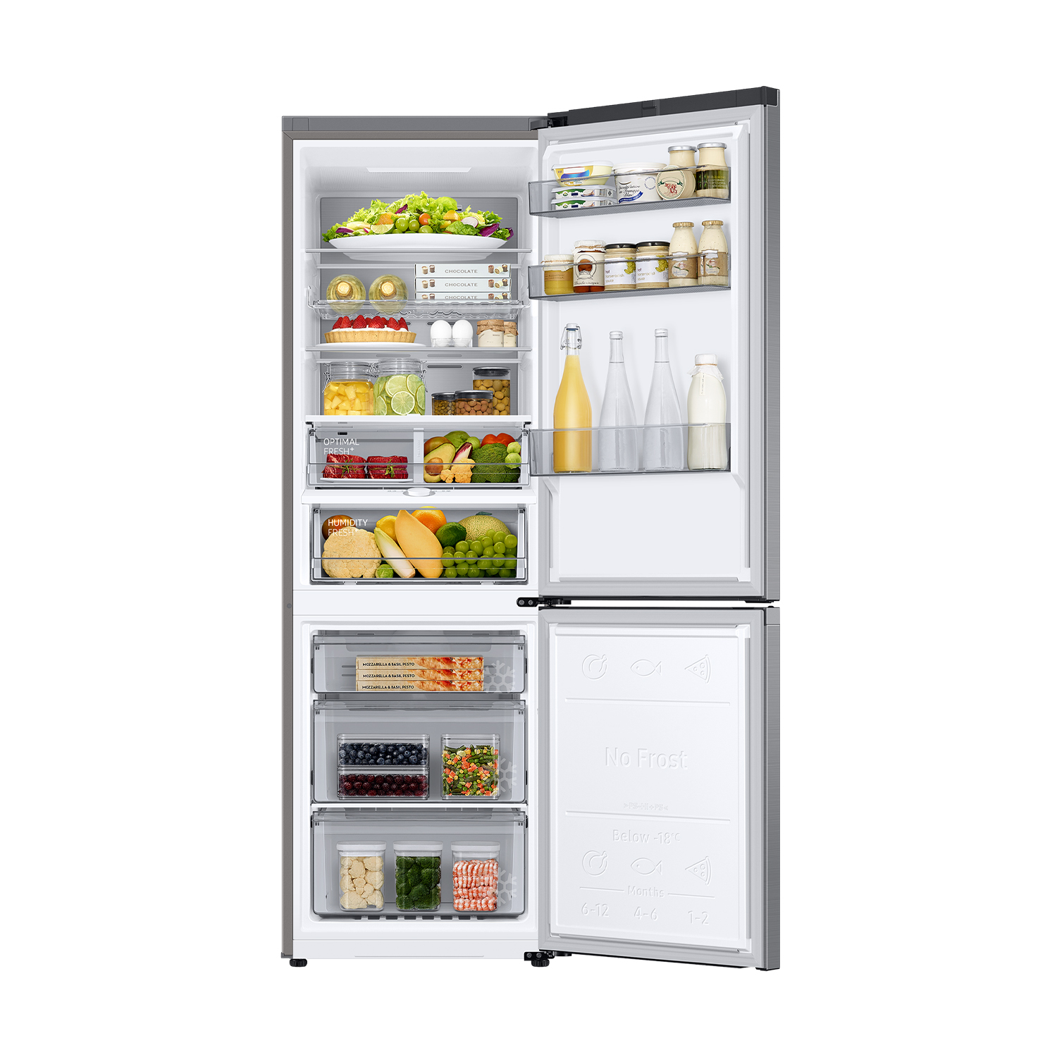 Refrigerador abierto con alimentos: ensalada, tarta de frutas, bebidas, verduras y congelados.