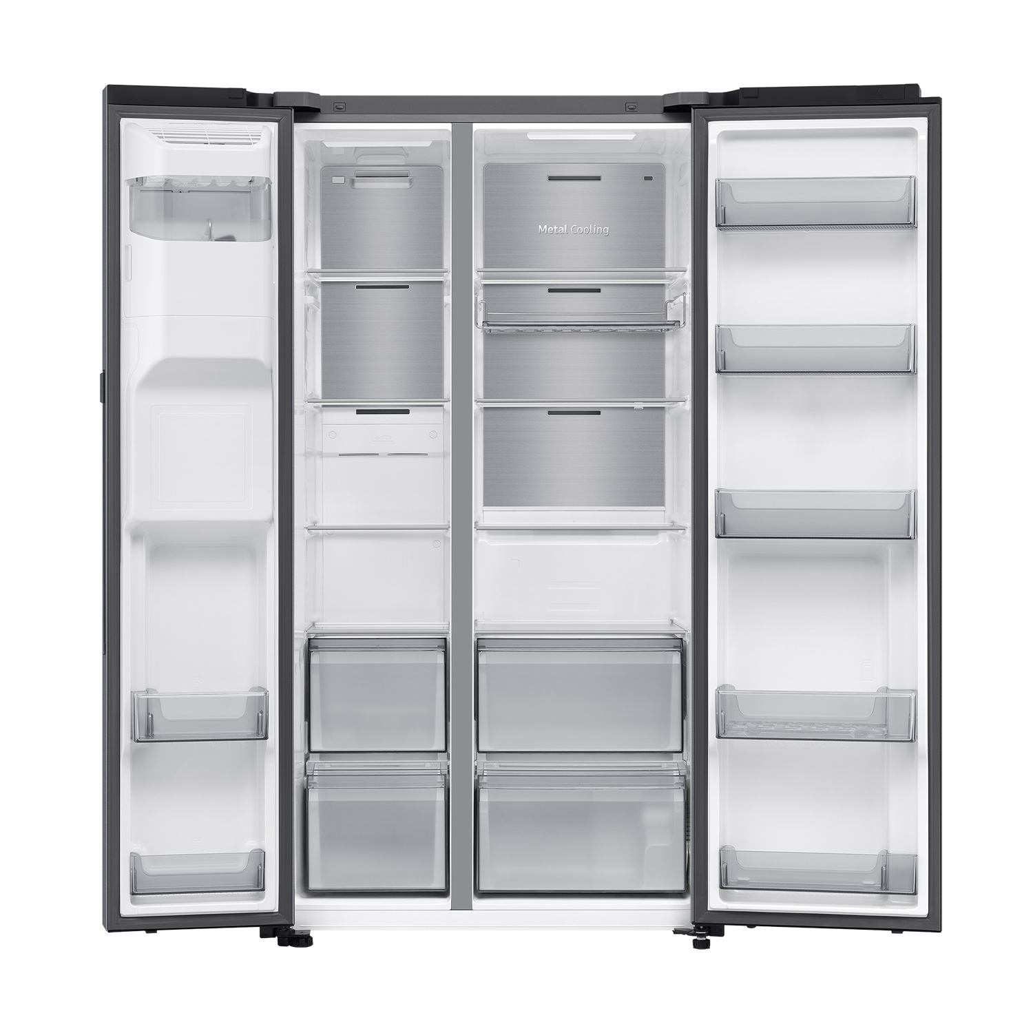 Un refrigerador moderno y abierto con múltiples compartimentos plateados y blancos.