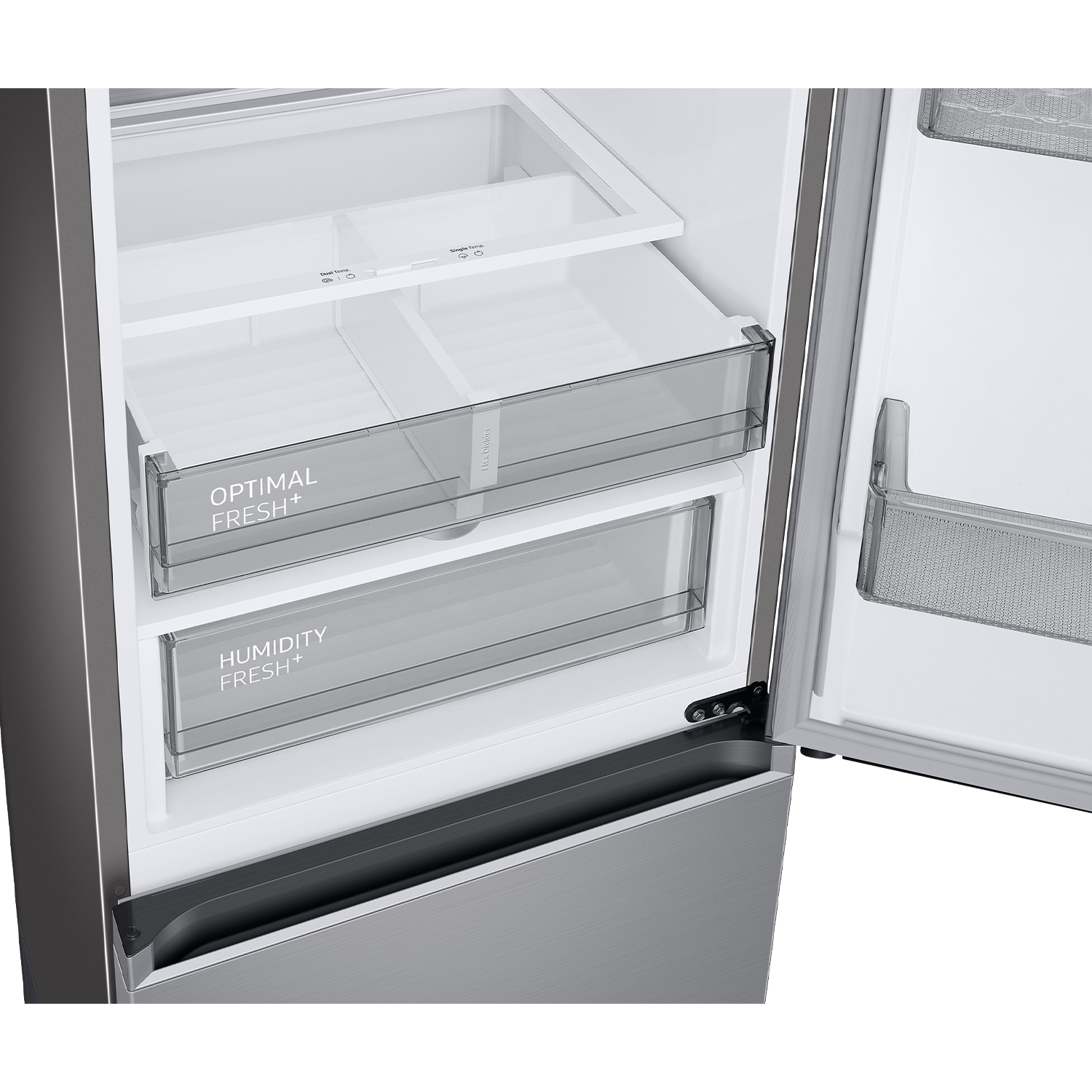 Interior de un refrigerador con cajones para frutas y verduras.